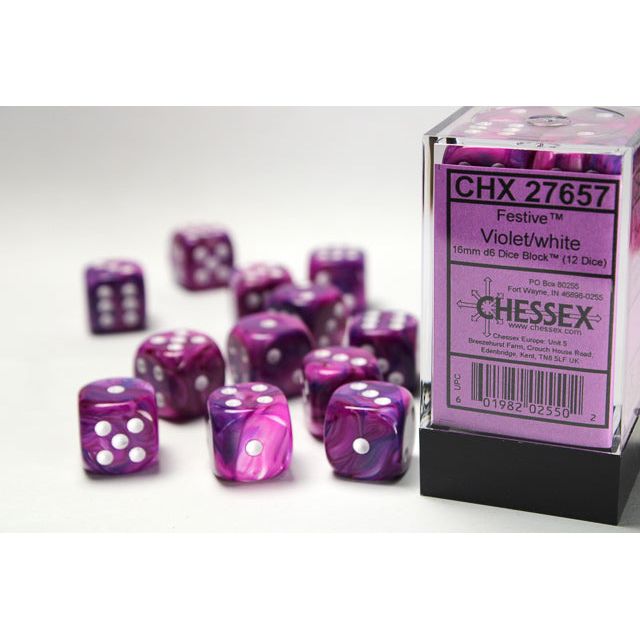 Chessex Festive Violet/White Six-Sided 16mm Dice