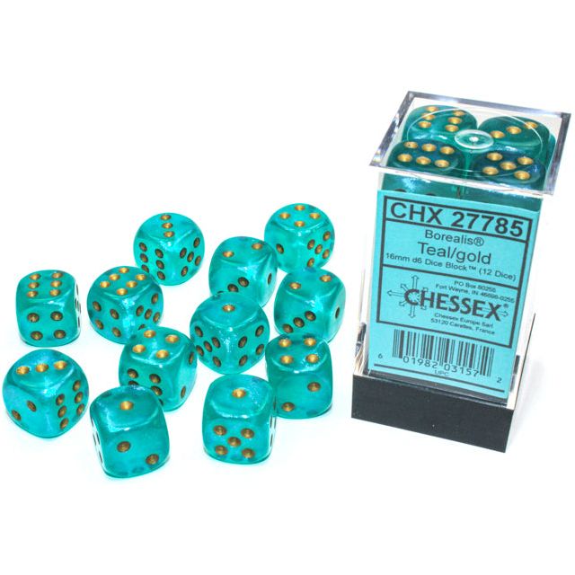 Chessex Borealis Luminary Teal/Gold Six-Sided 16mm Dice