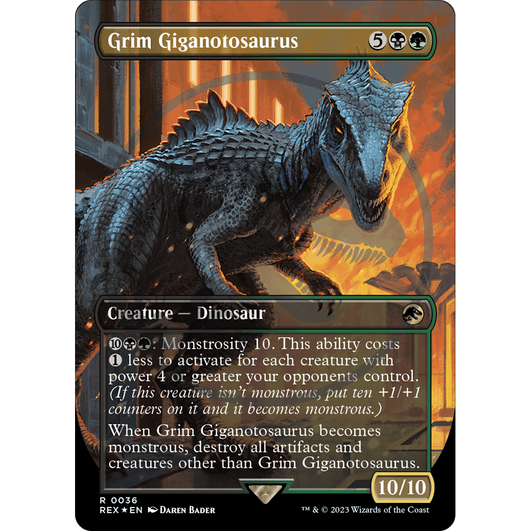 Grim Giganotosaurus (Borderless) (Emblem) (REX-036) - Jurassic World Collection (Borderless) Foil