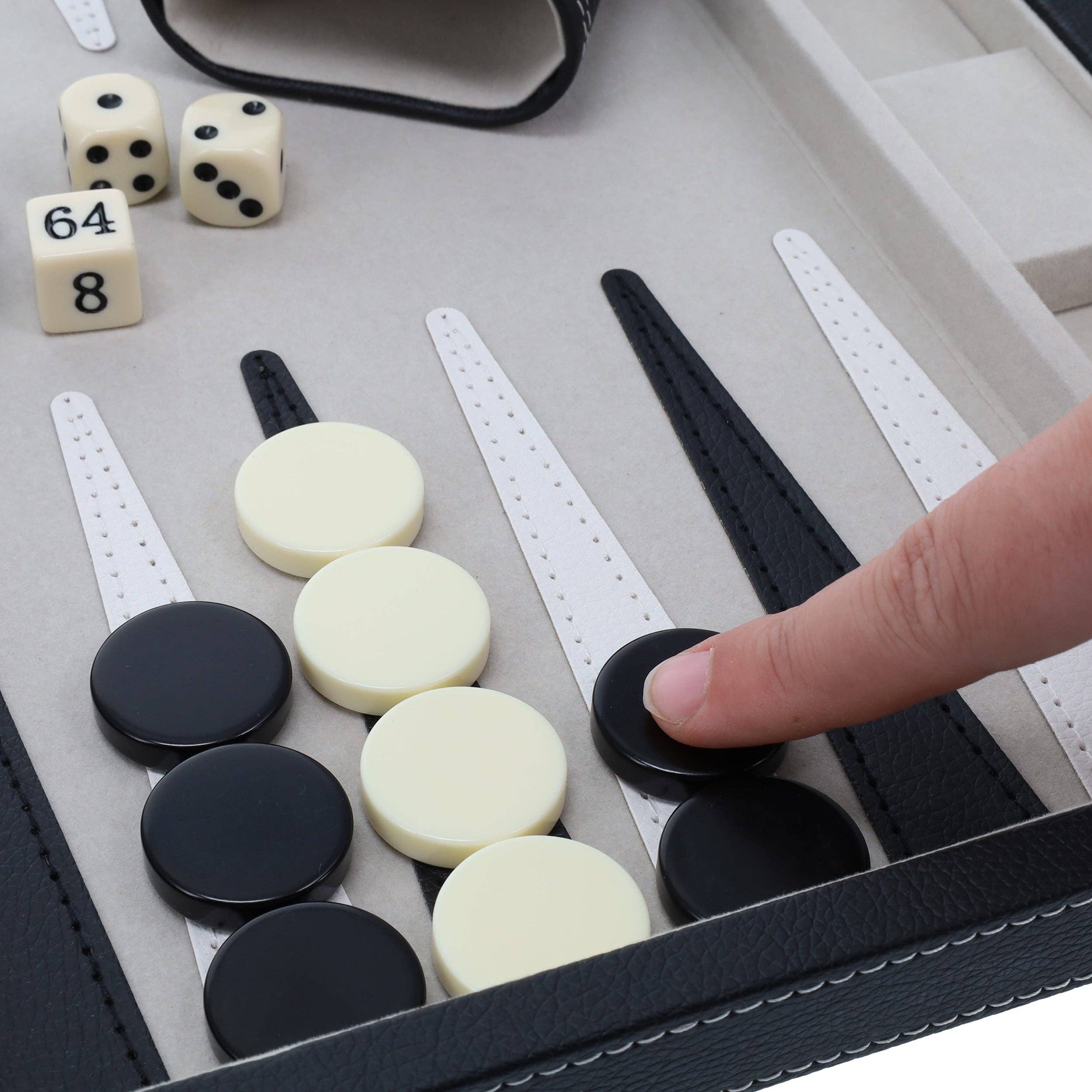 Elegant Black Leatherette Backgammon, 14.75 x 9.75 in.