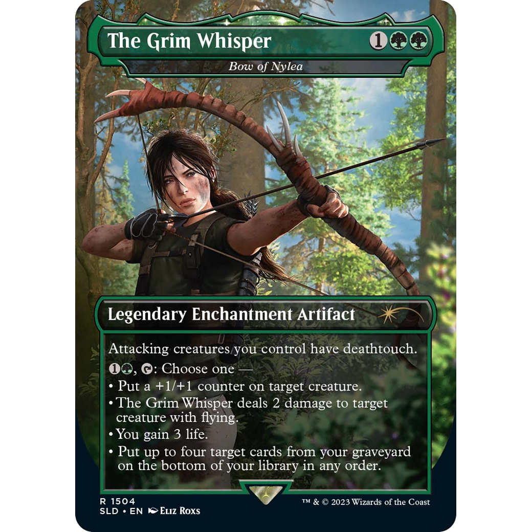 The Grim Whisper - Bow of Nylea (SLD-1504) - Secret Lair Drop / The Grim Whisper: (enchantment) (Borderless) Foil