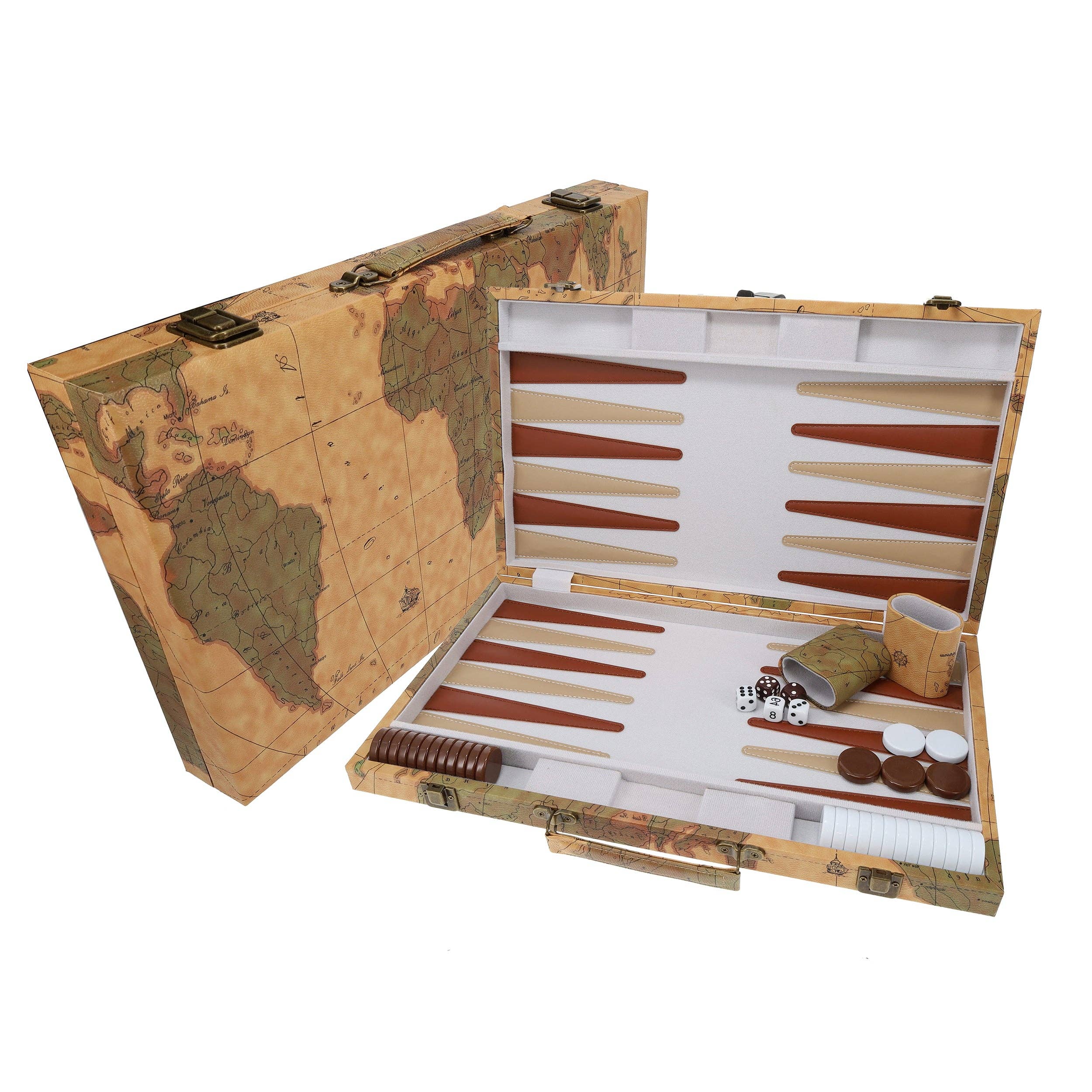 Tan Map Style Leatherette Backgammon Set, 18 x 11 in.