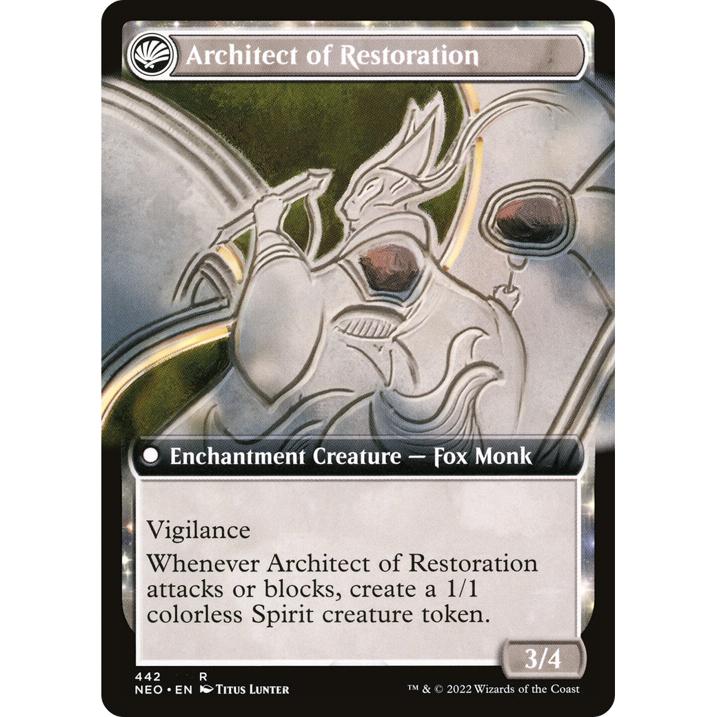 The Restoration of Eiganjo // Architect of Restoration (NEO-442) - Kamigawa: Neon Dynasty: (Extended Art, fandfc, enchantment)