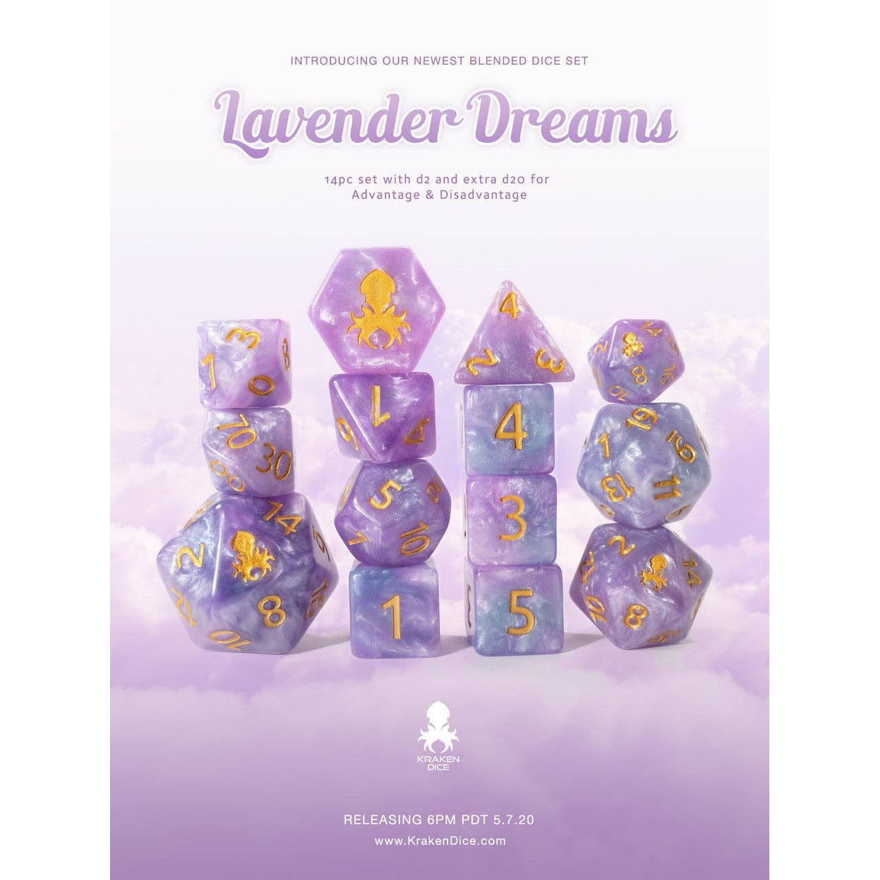 Lavender Dreams 14pc Dice Set Inked in Gold