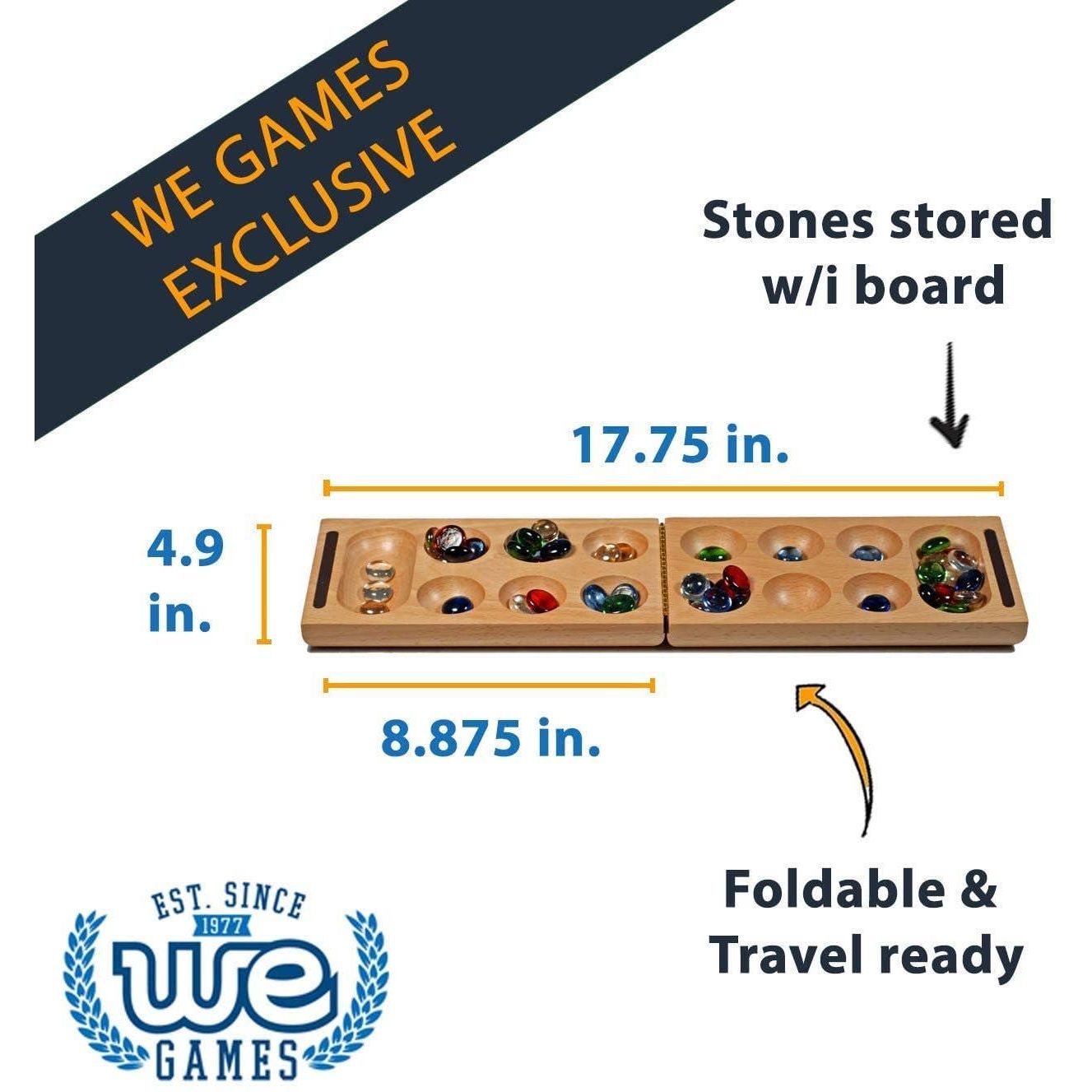 Solid Wood Folding Mancala with Glass Stones - 18 in.