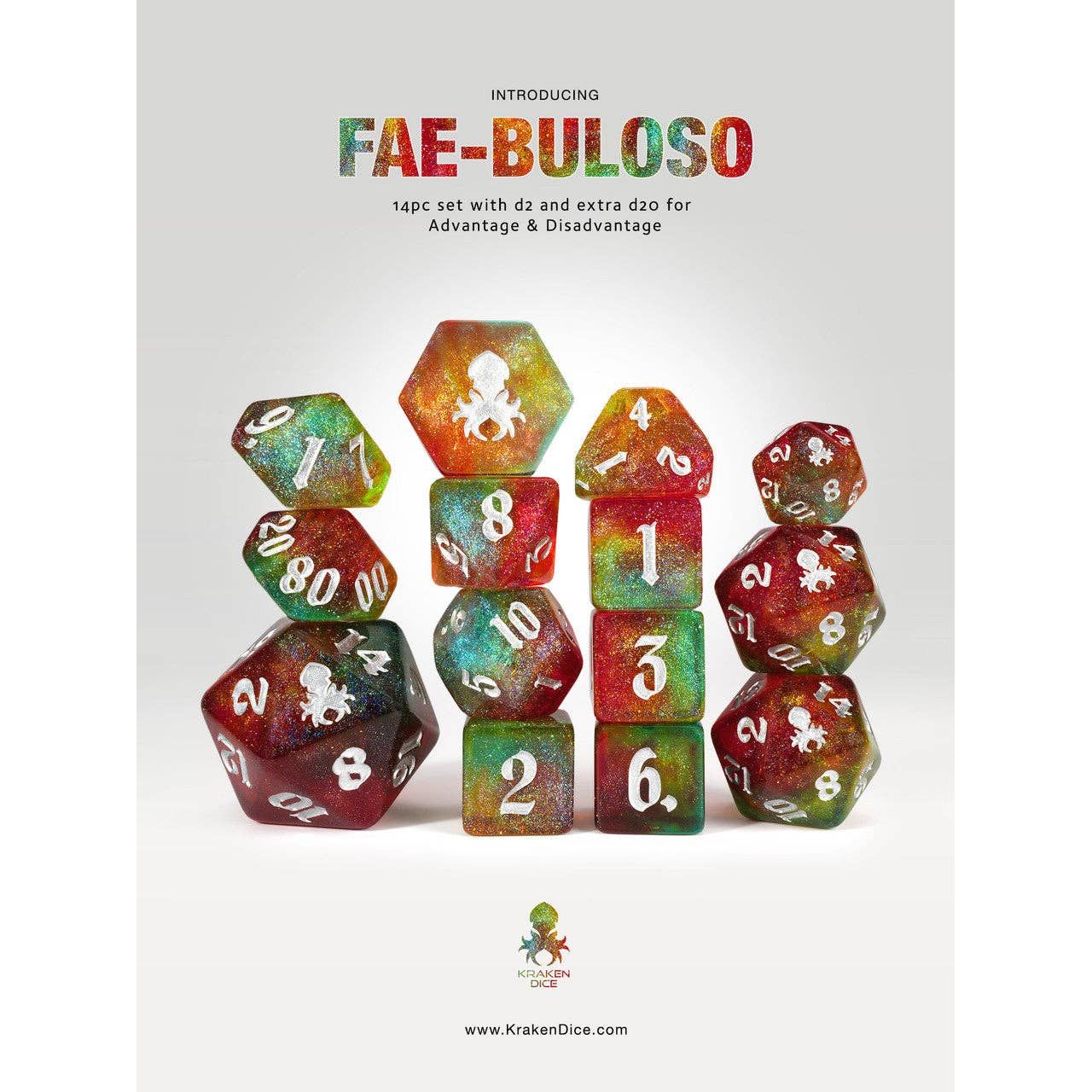 Fae-Buloso 14pc Glitter TTRPG Dice Set with silver ink