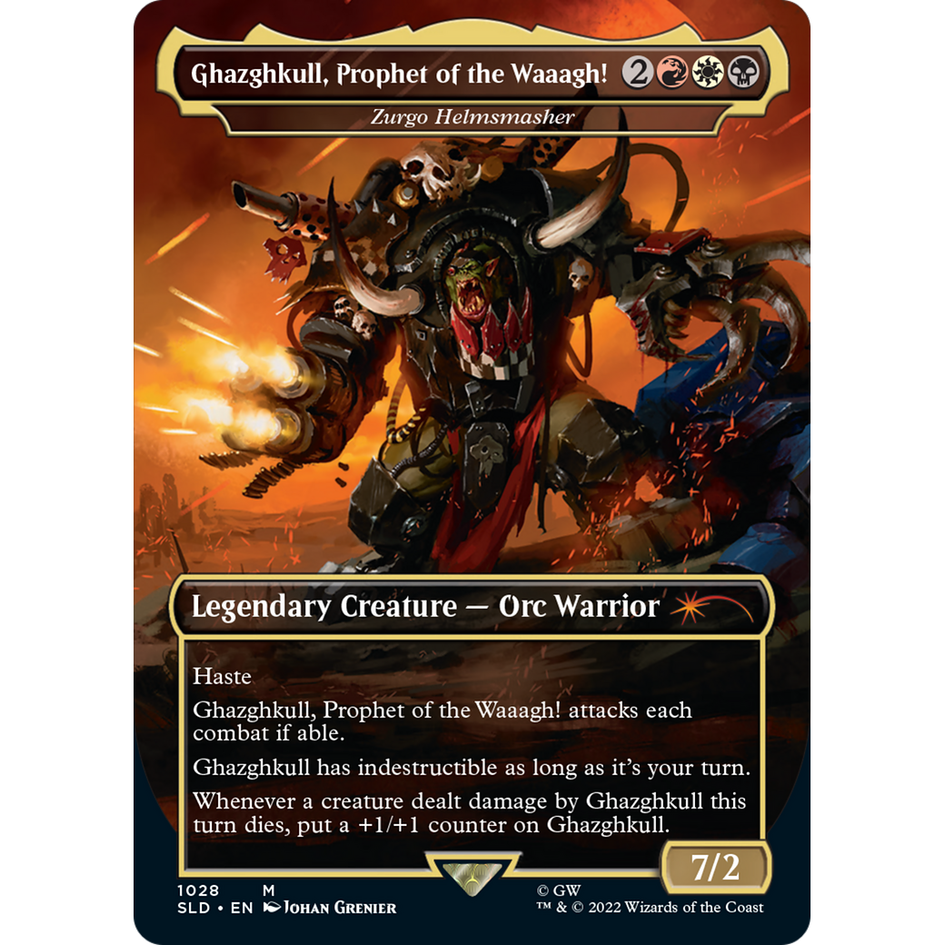 Ghazghkull, Prophet of the Waaagh! - Zurgo Helmsmasher (Borderless) (SLD-1028) - Secret Lair Drop / Ghazghkull, Prophet of the Waaagh! (Borderless)