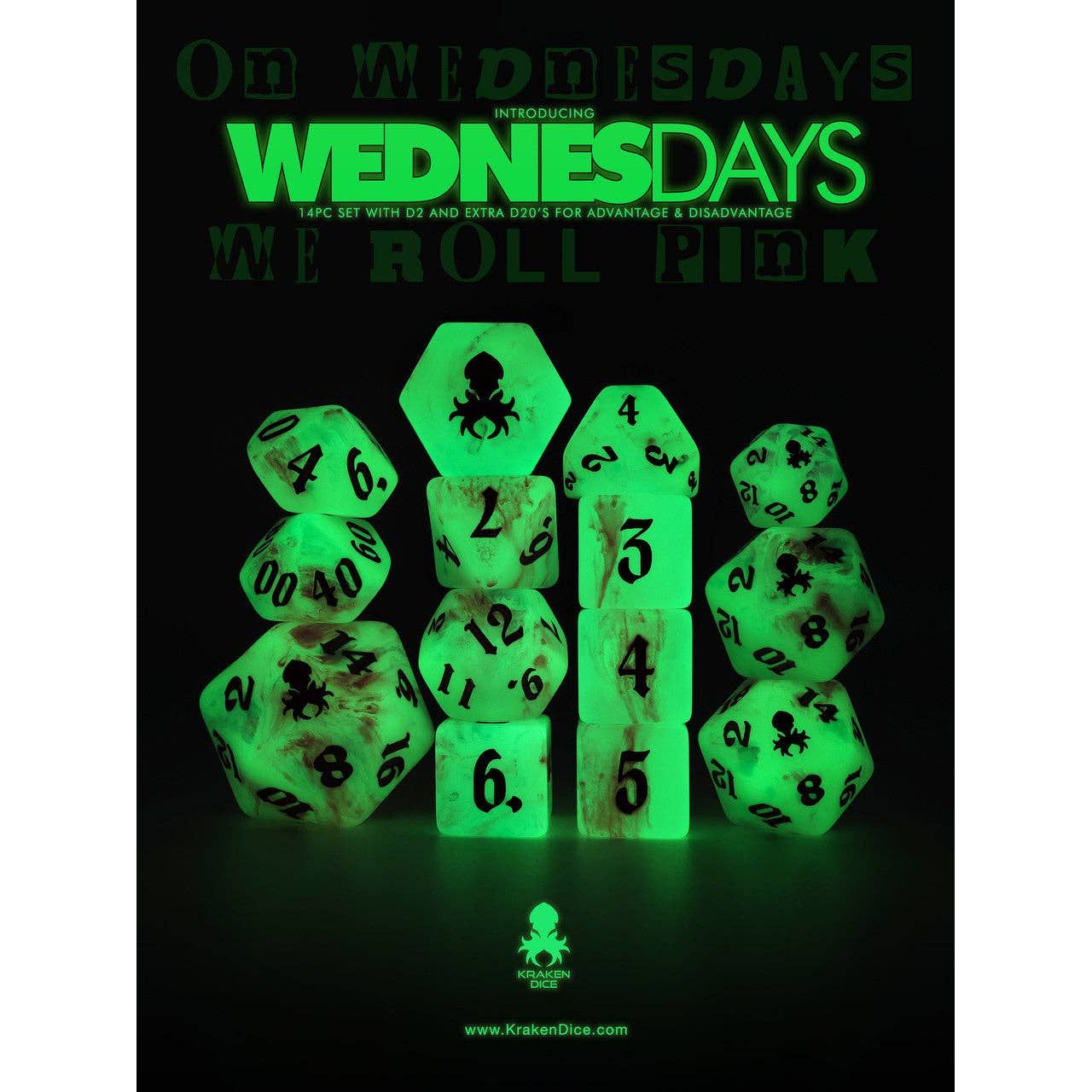 Wednesdays 14pc Glow in the Dark Dice Set with Pink Ink