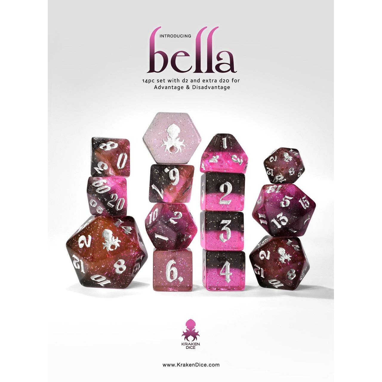 Bella - Limited Run -14pc Dice Set Inked in Silver