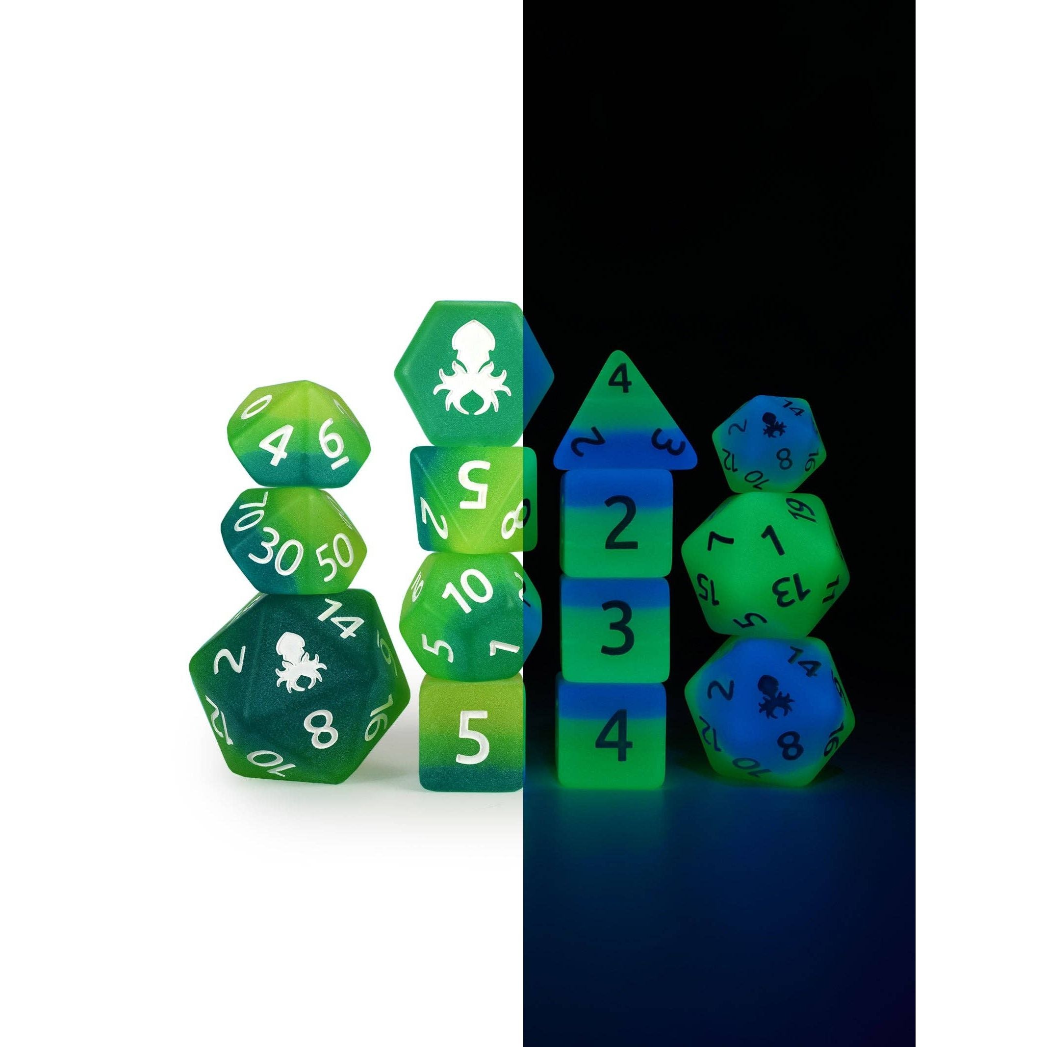Aquatic Garden 14pc Glow in the Dark Dice Set Inked in White