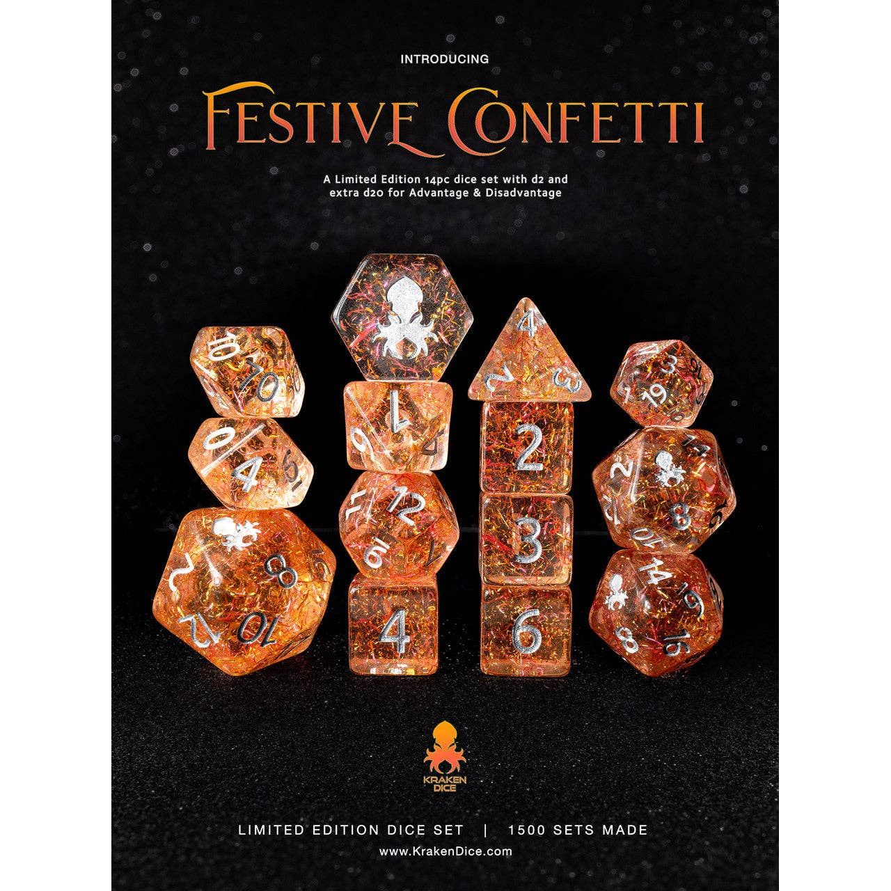 Festive Confetti 14pc Silver Ink Dice Set With Kraken Logo for TTRPGs
