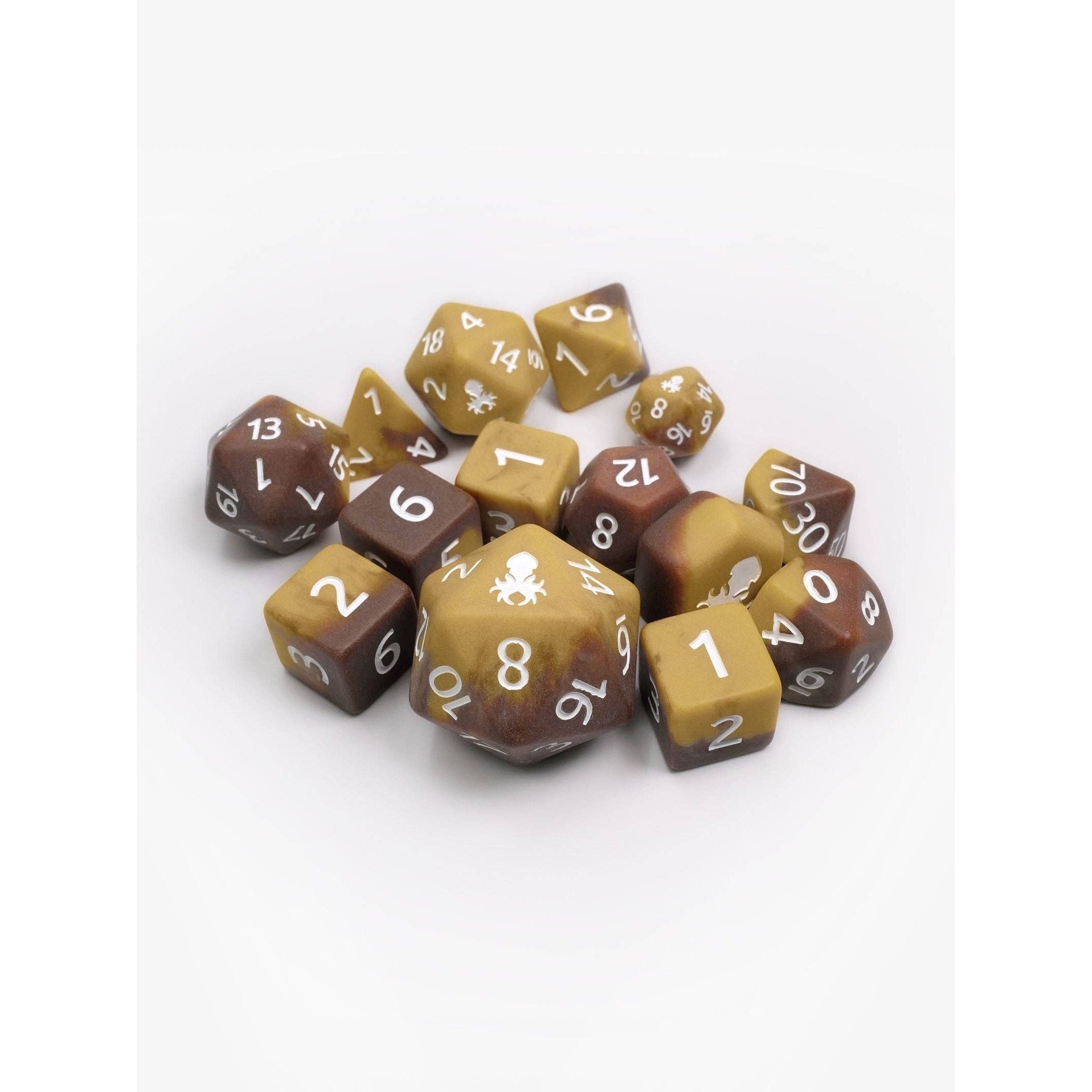 Mocha Drizzle Matte 14pc Dice Set inked in White