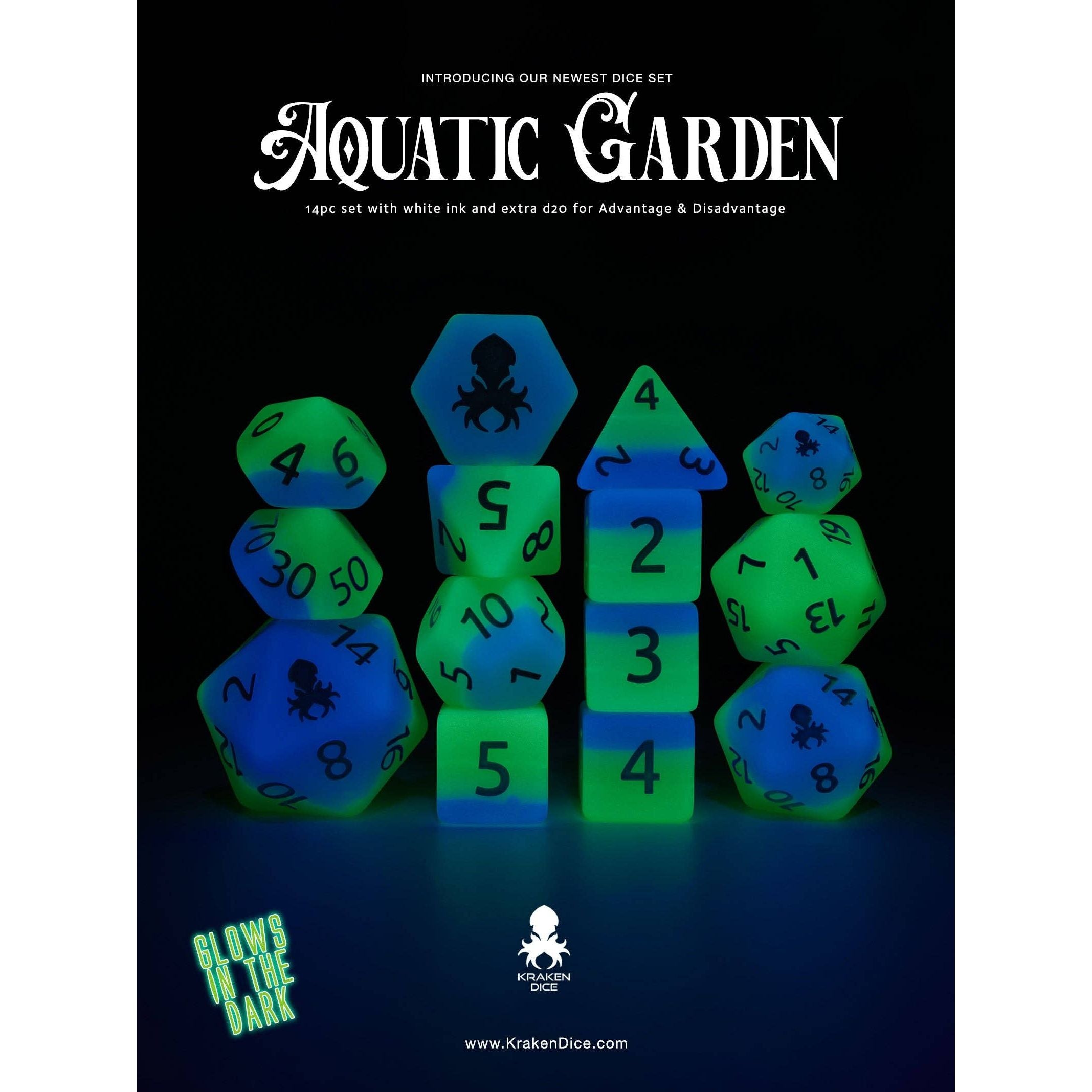 Aquatic Garden 14pc Glow in the Dark Dice Set Inked in White