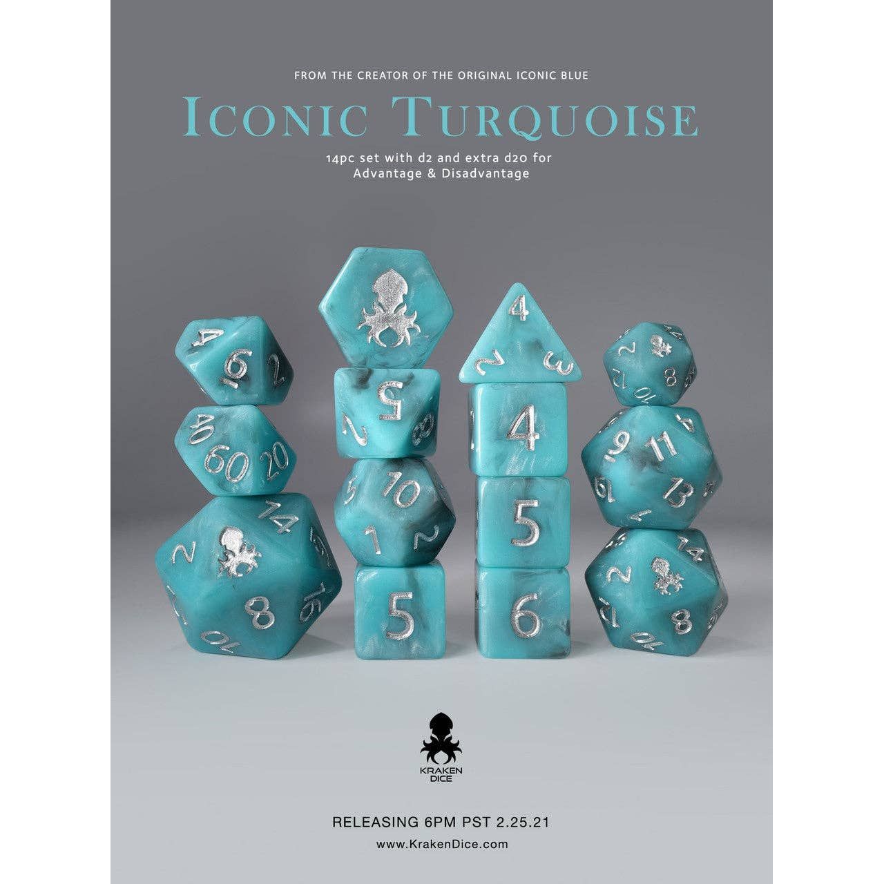 14pc Iconic Turquoise Polyhedral Dice Set with Silver Ink