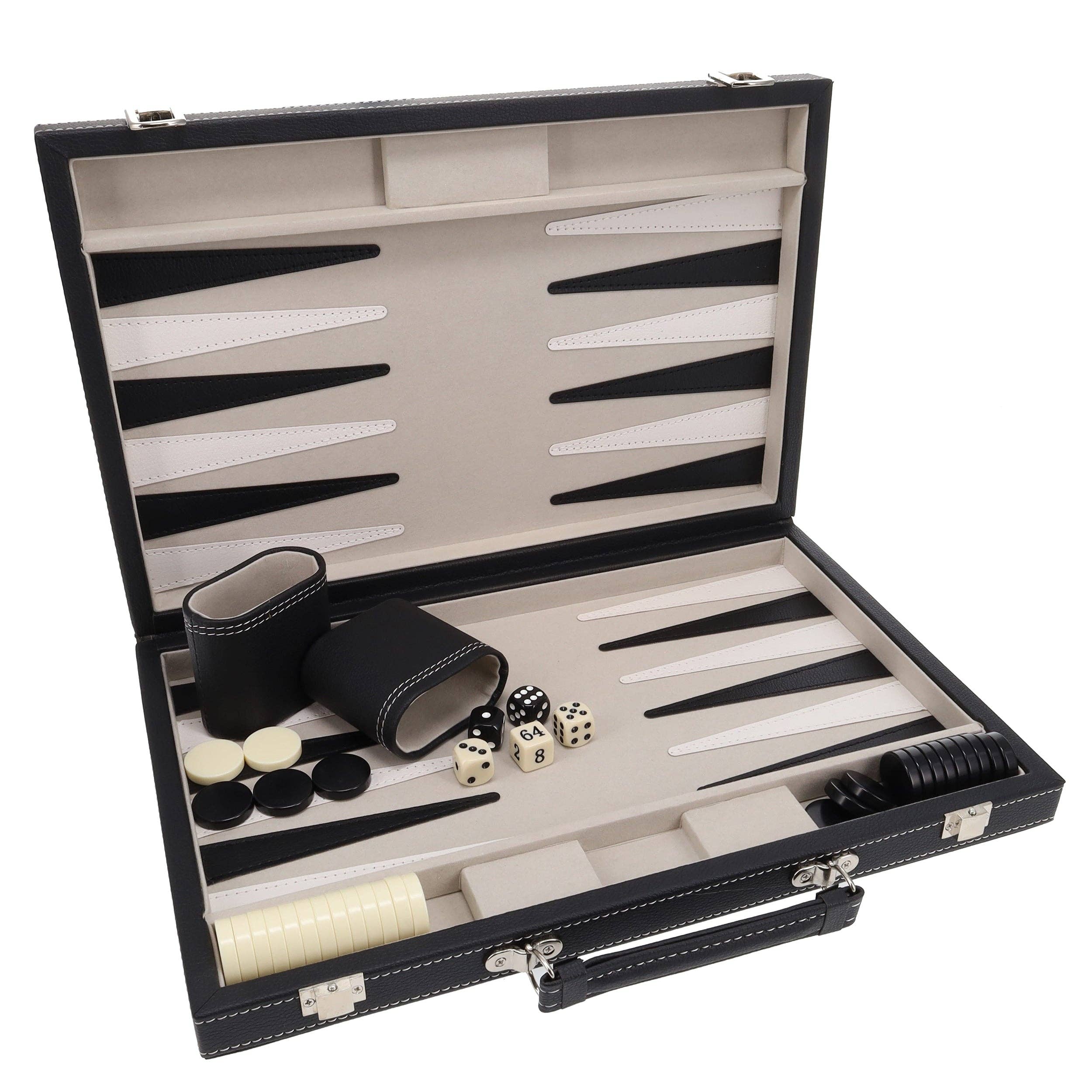 Elegant Black Leatherette Backgammon, 14.75 x 9.75 in.
