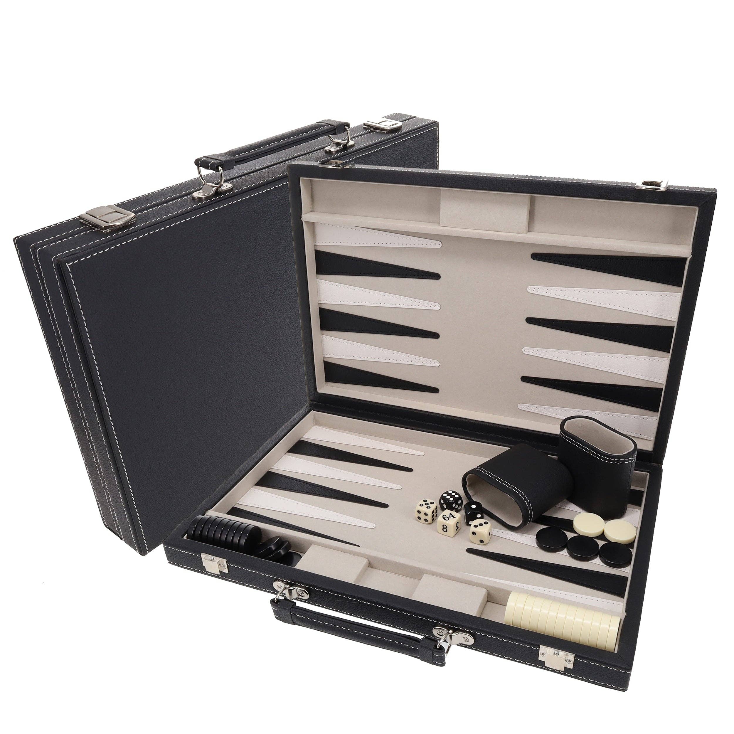 Elegant Black Leatherette Backgammon, 14.75 x 9.75 in.