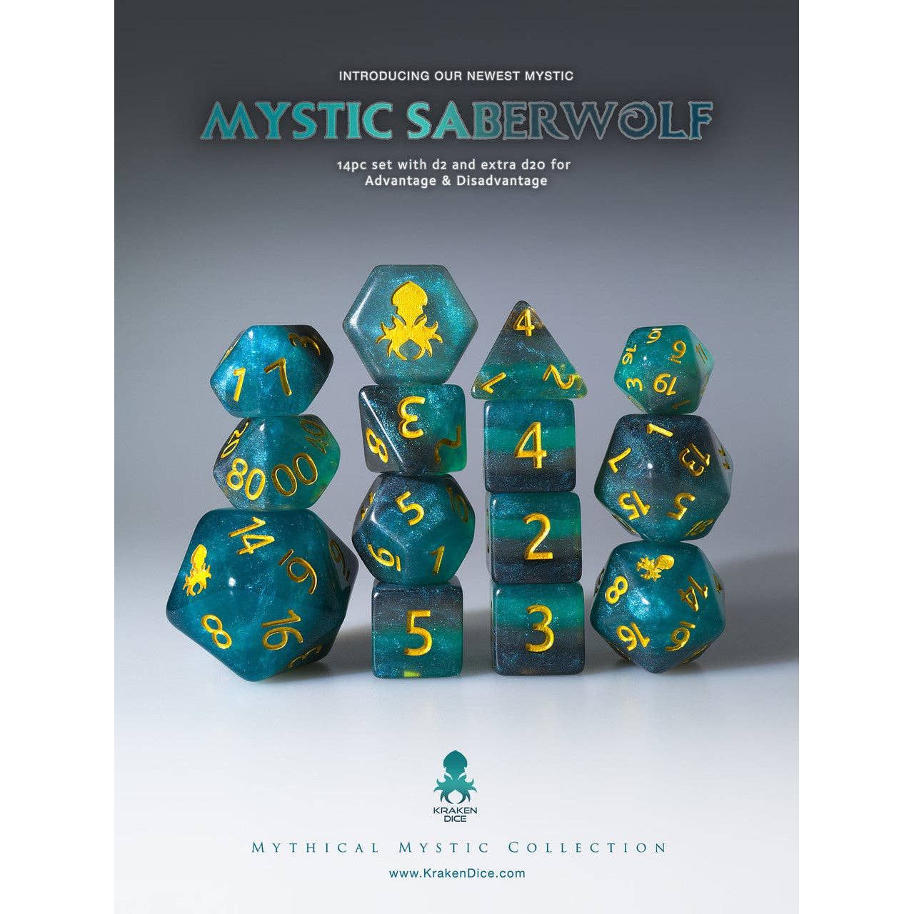 Mystic SaberWolf 14pc Gold Ink Dice Set With Kraken Logo