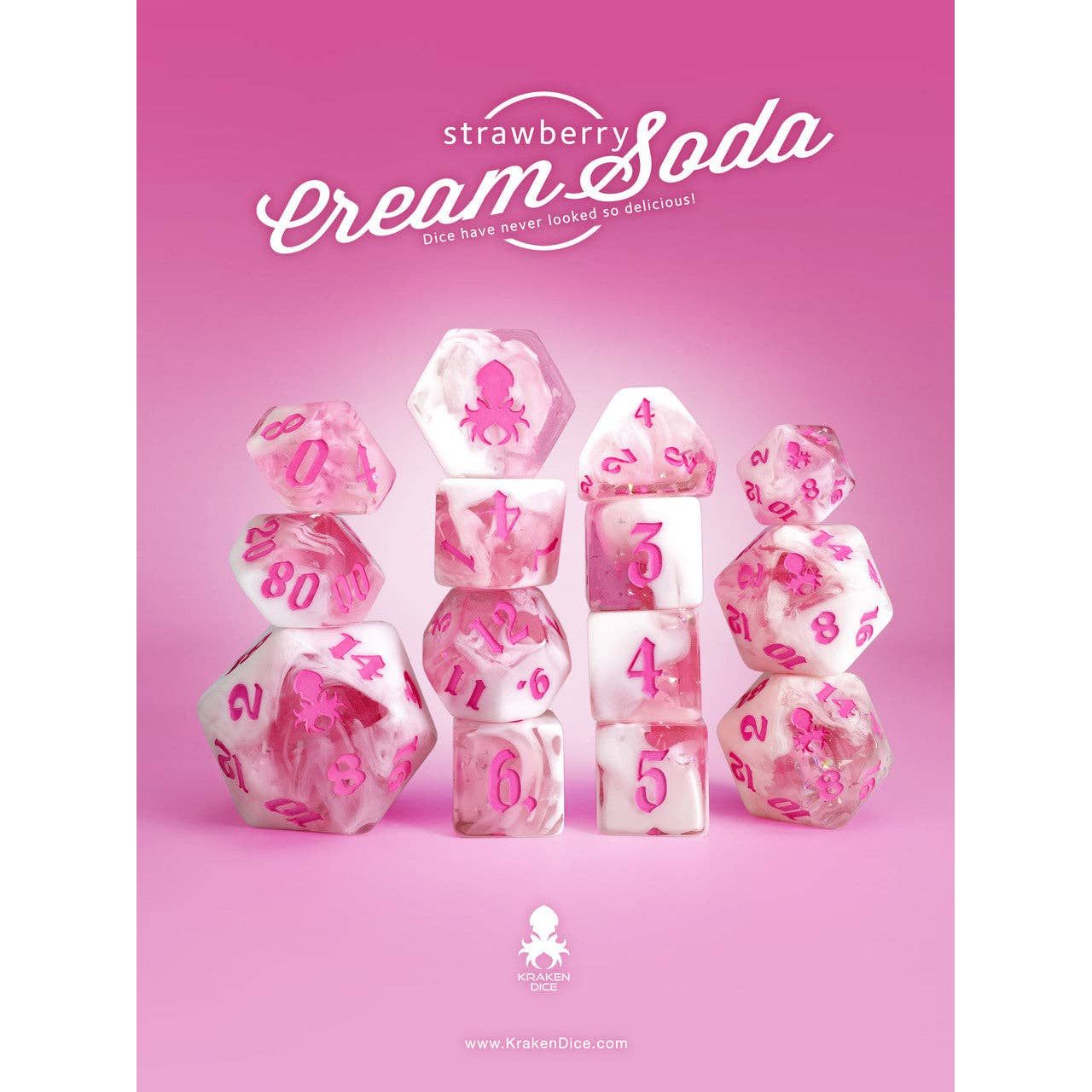 Strawberry Cream Soda 14pc TTRPG Dice Set with Pink Ink