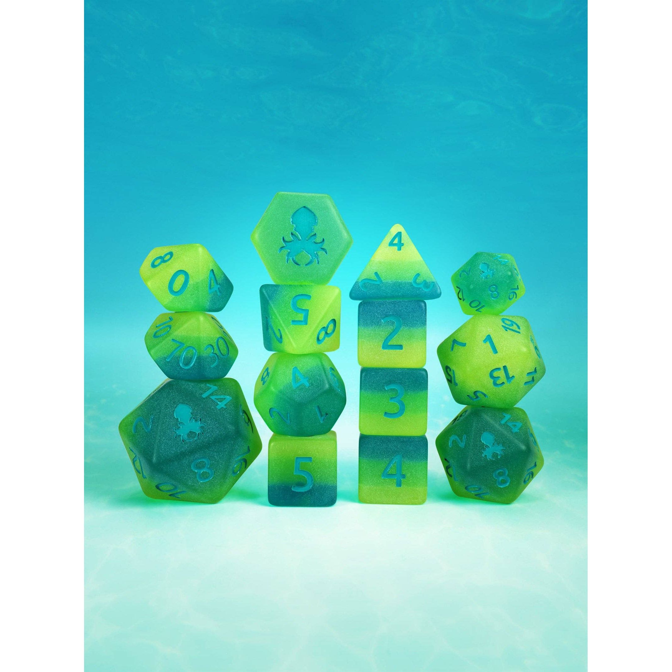 Aquatic Garden 14pc Glow in the Dark Dice Set Inked in Blue