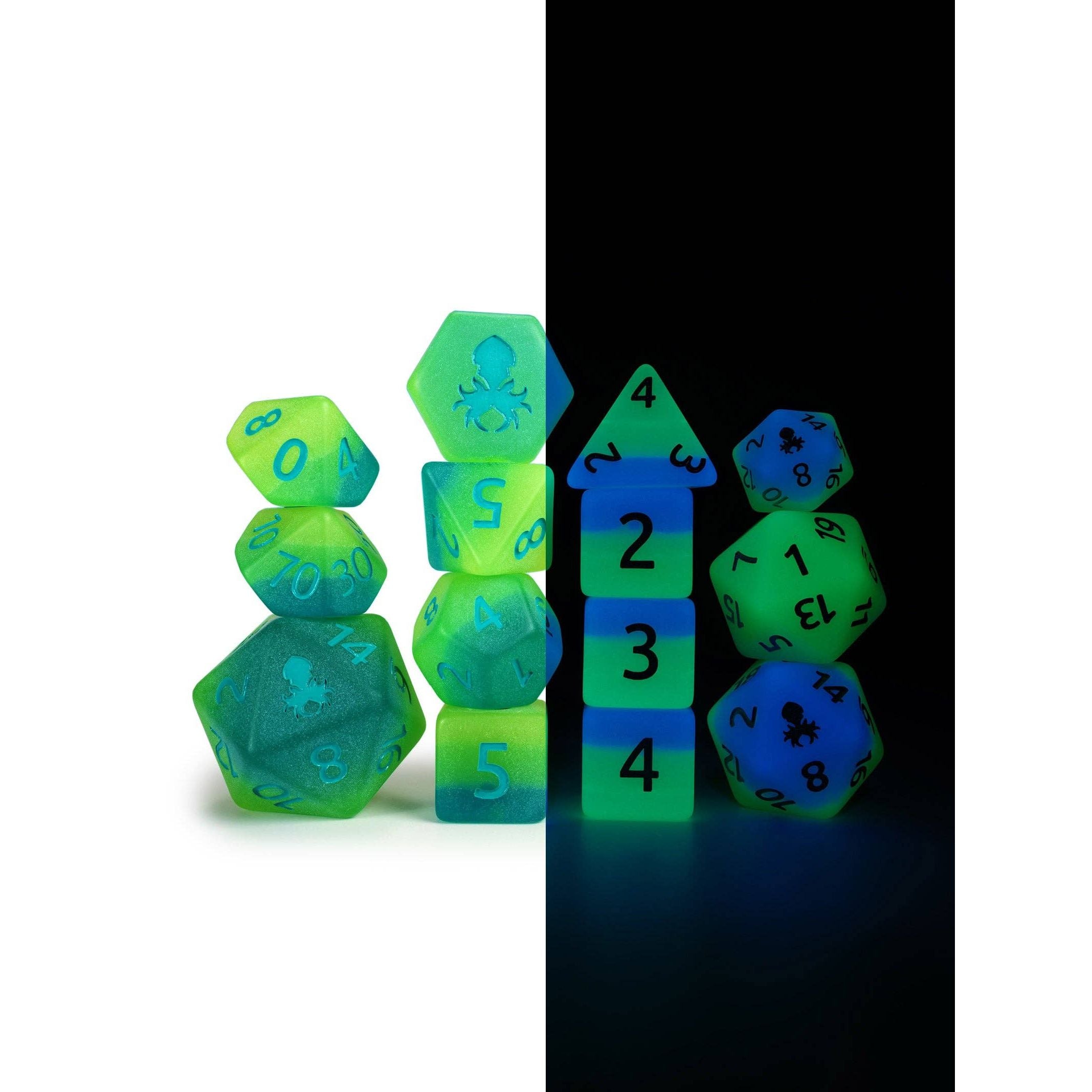 Aquatic Garden 14pc Glow in the Dark Dice Set Inked in Blue