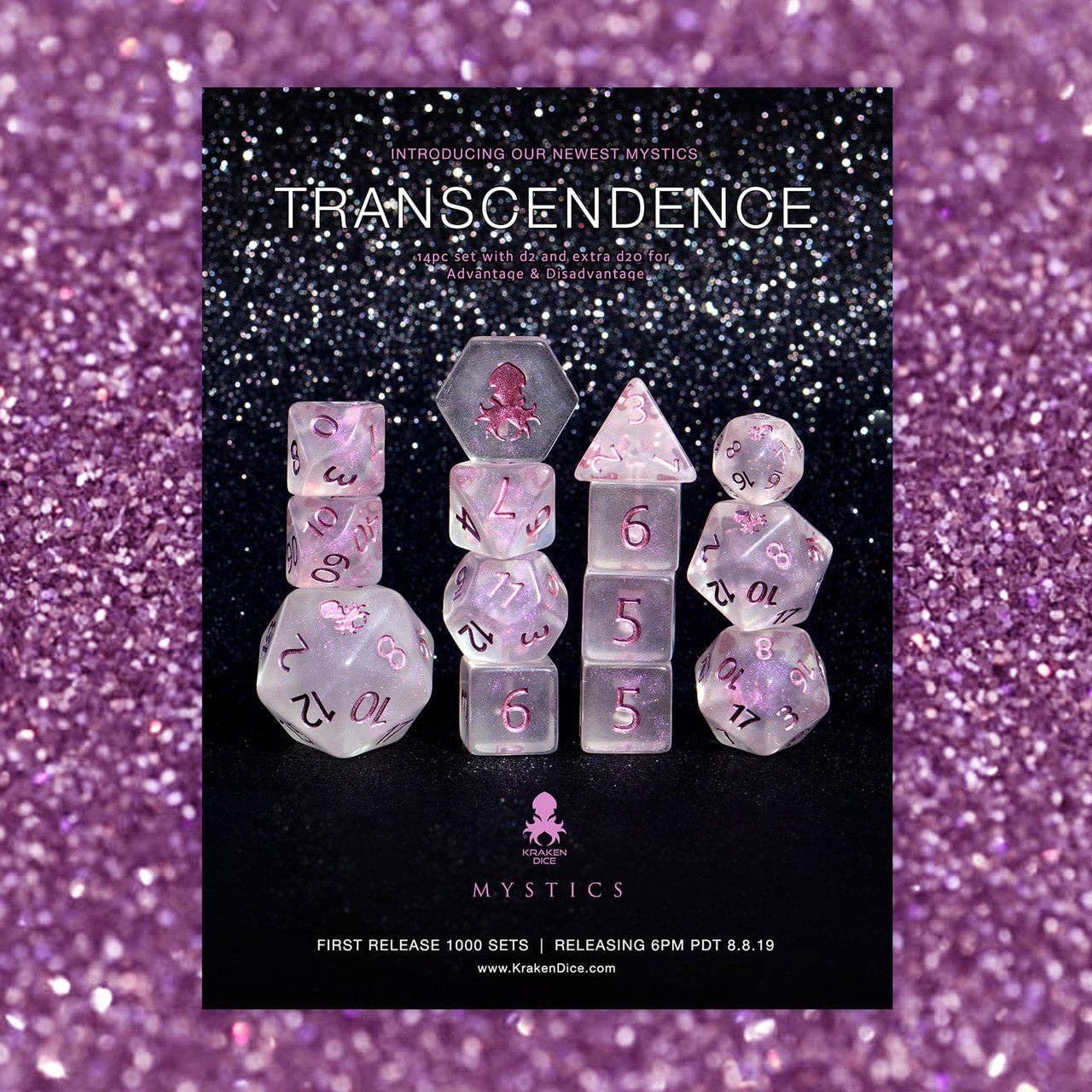 Transcendence Metallic Mauve Ink Mystics 14pc Dice Set With Kraken Logo