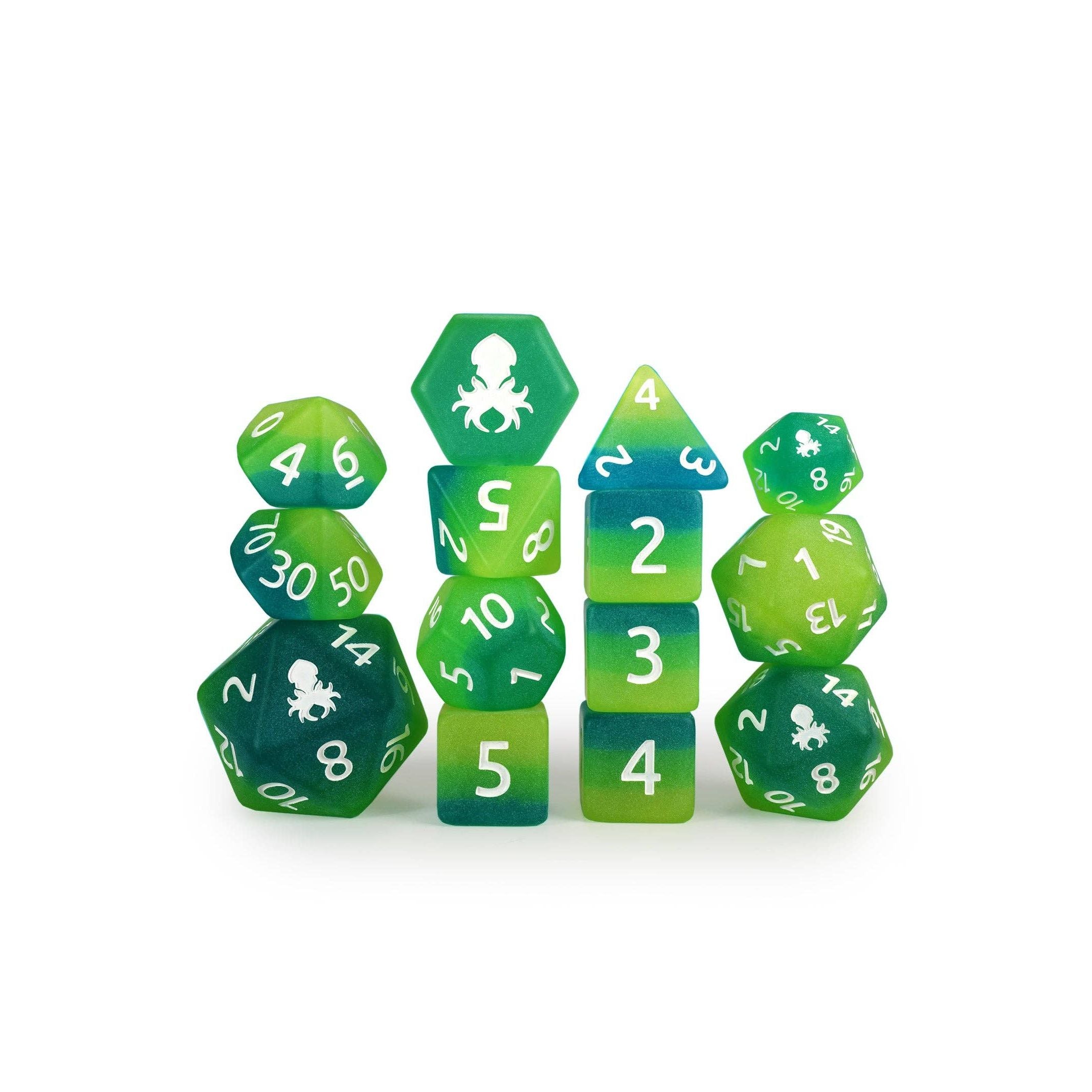 Aquatic Garden 14pc Glow in the Dark Dice Set Inked in White