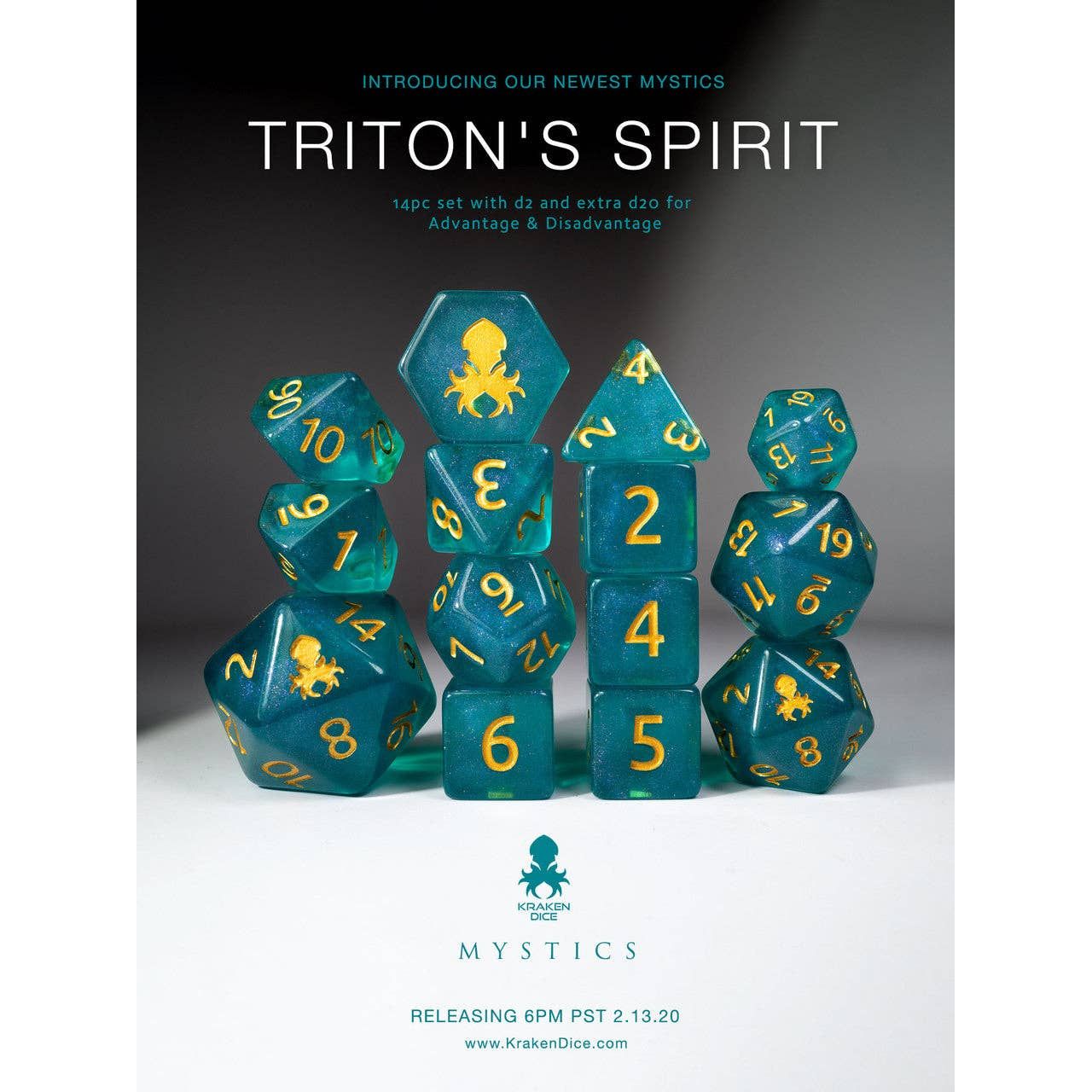 Triton's Spirit 14pc Polyhedral Dice set with Gold Ink