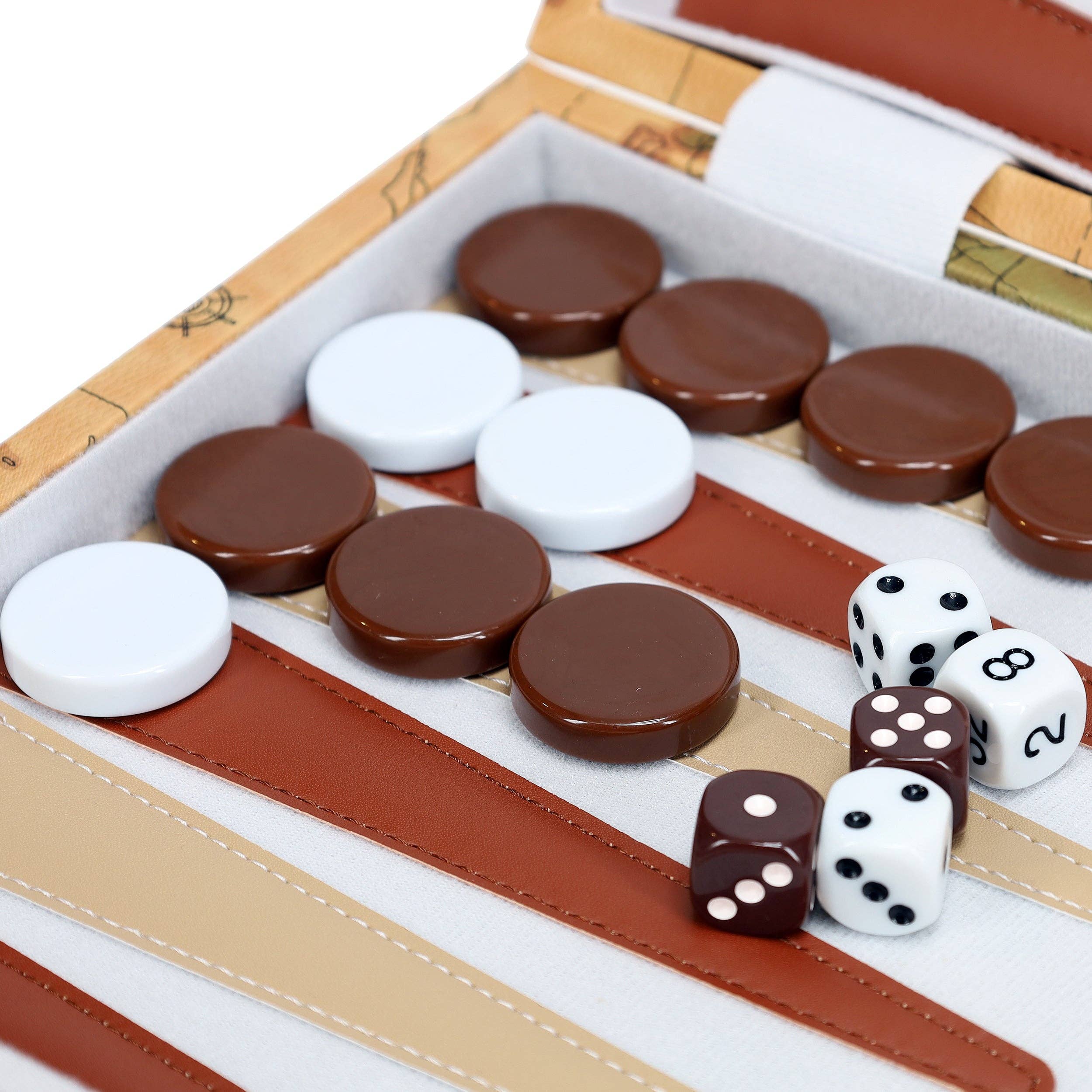 Tan Map Style Leatherette Backgammon Set, 18 x 11 in.