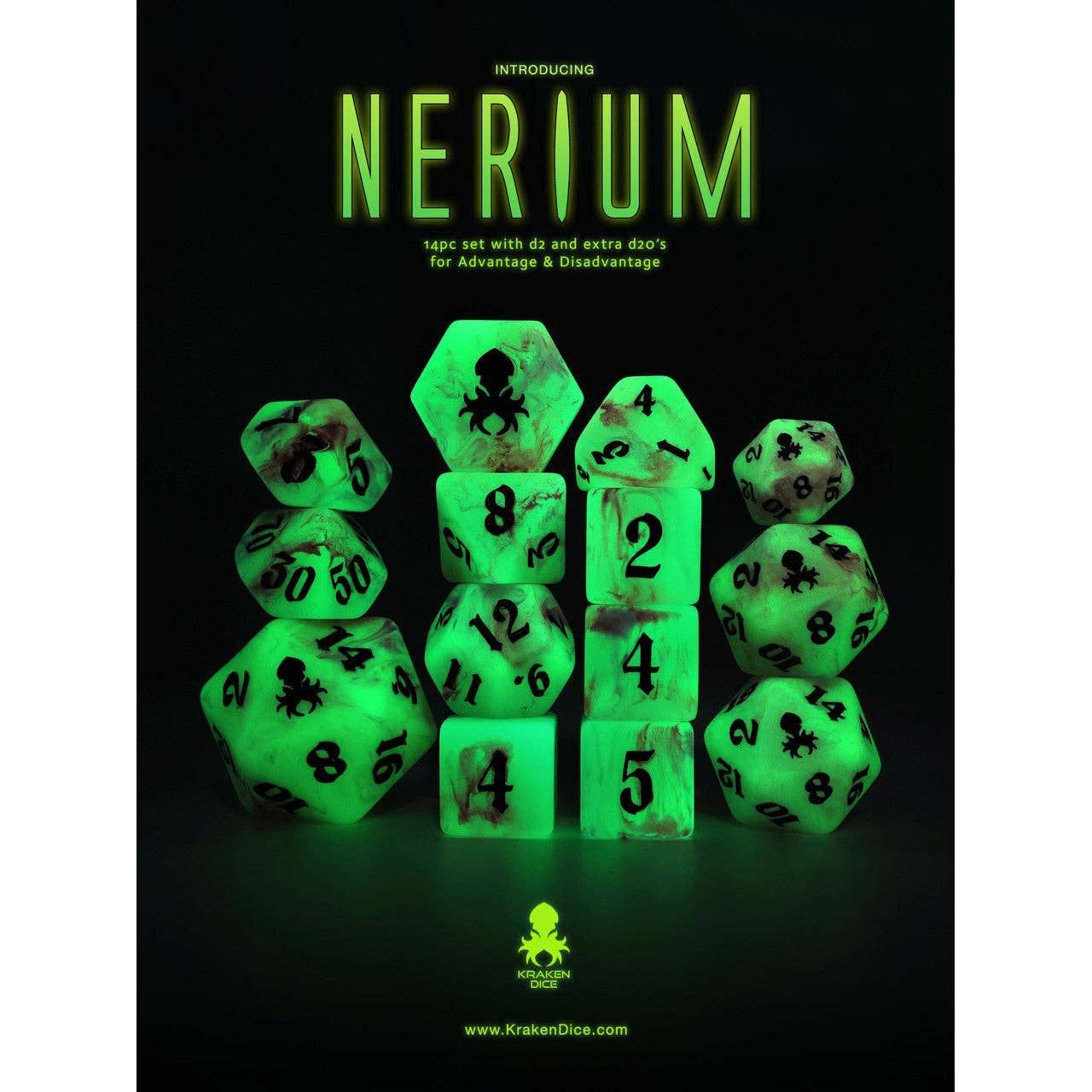 Nerium 14pc Glow in the Dark Dice Set with Dark Purple Ink