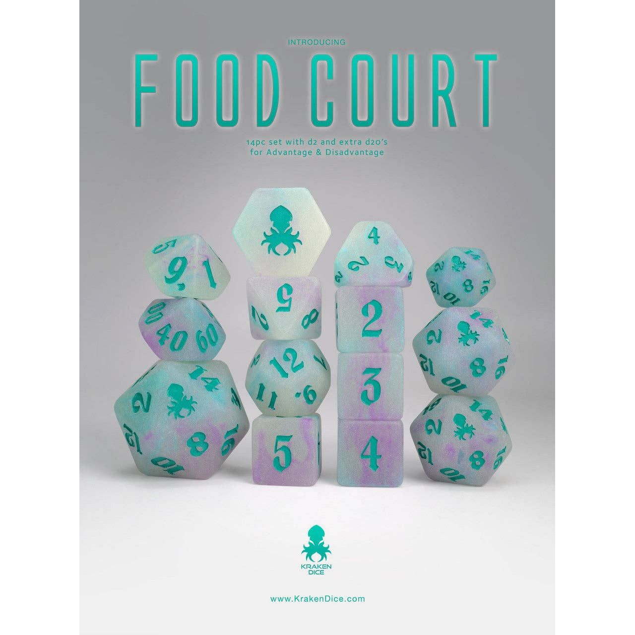 Food Court 14pc Glow in the Dark Dice Set with Teal Ink