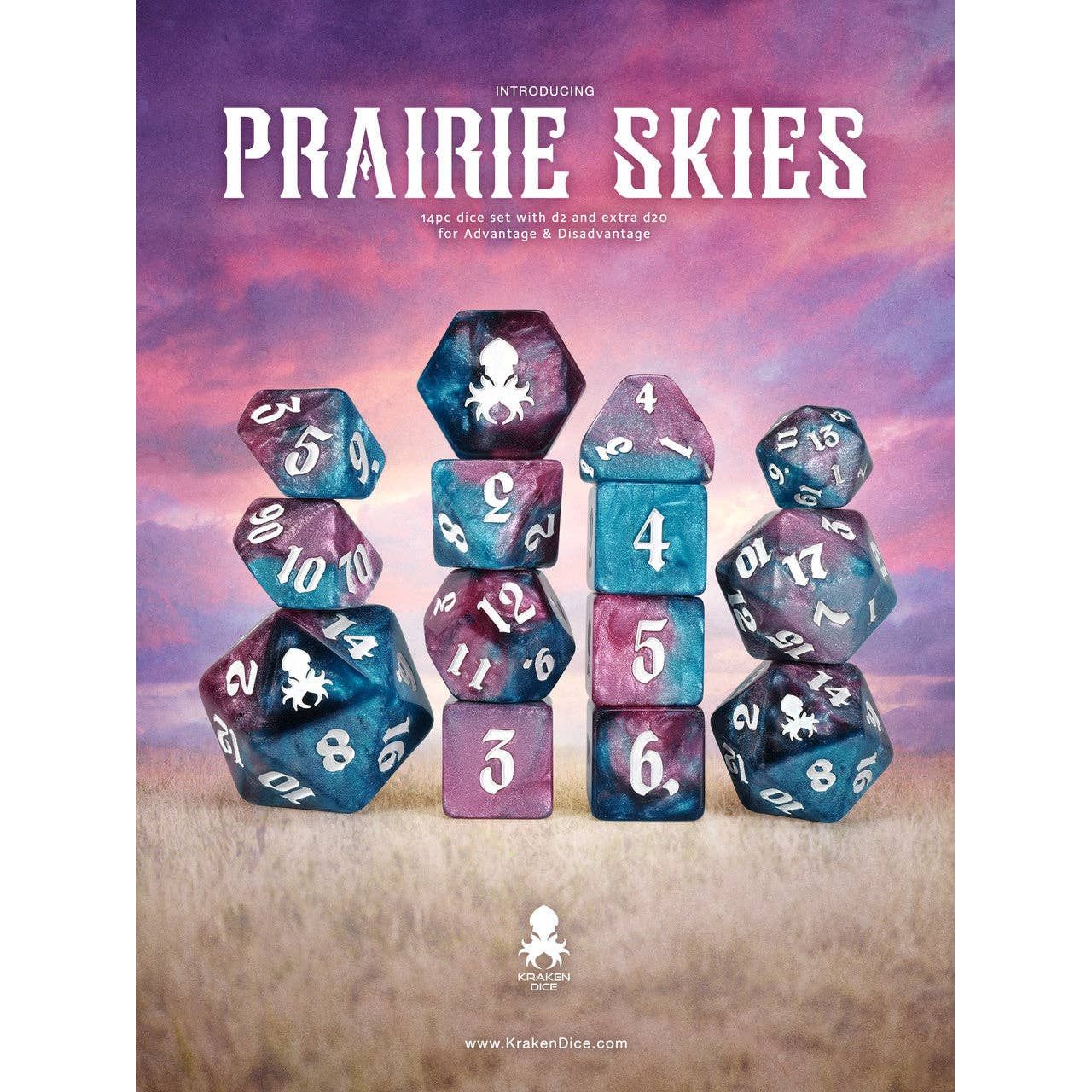 Prairie Skies 14pc Dice Set inked in Silver