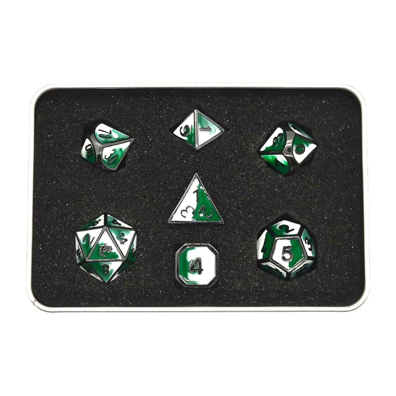Dragon Forged: Green & White w/ Black Nickel 7-set Metal Dice