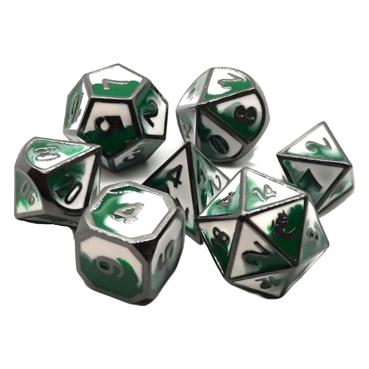Dragon Forged: Green & White w/ Black Nickel 7-set Metal Dice