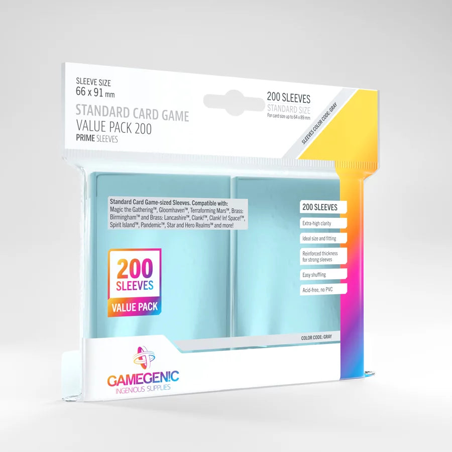 Gamegenic: Grey 200ct Prime Standard Sleeves 66 X 91mm Value Pack