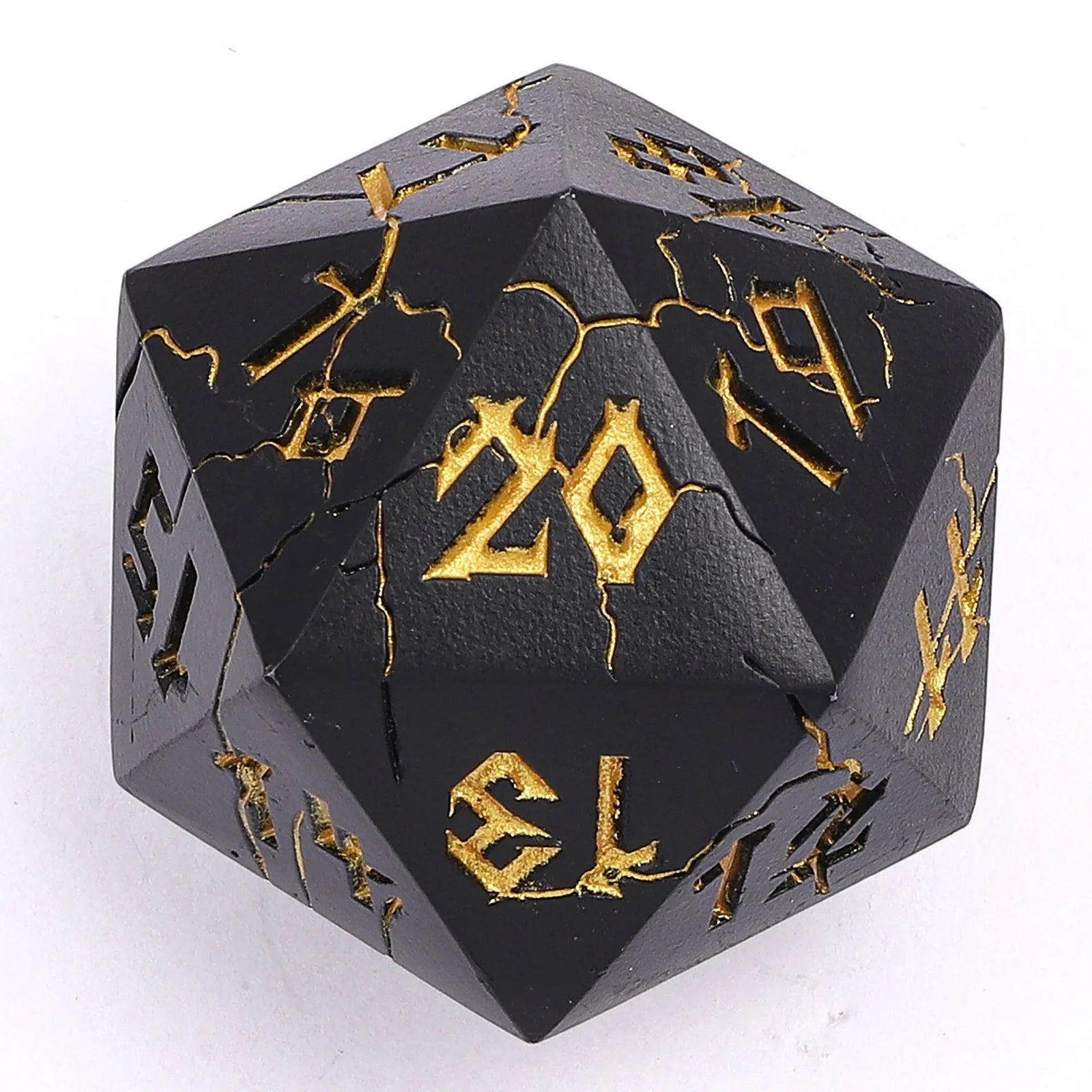 Barbarian Solid Metal D20 35mm Spin Down Dice - Matt Black with Gold Ink