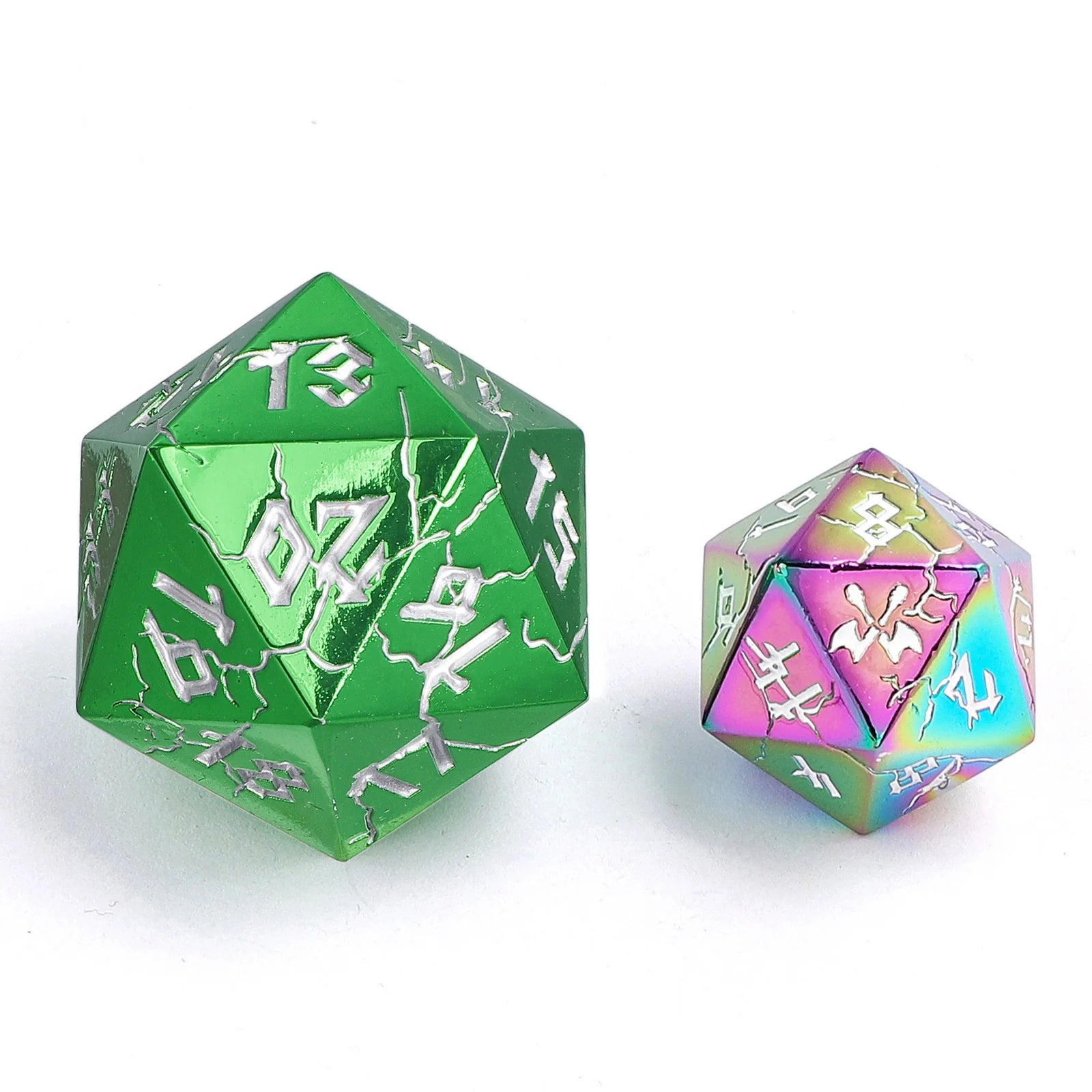Barbarian Solid Metal D20 35mm Spin Down Dice - Green with Silver Ink