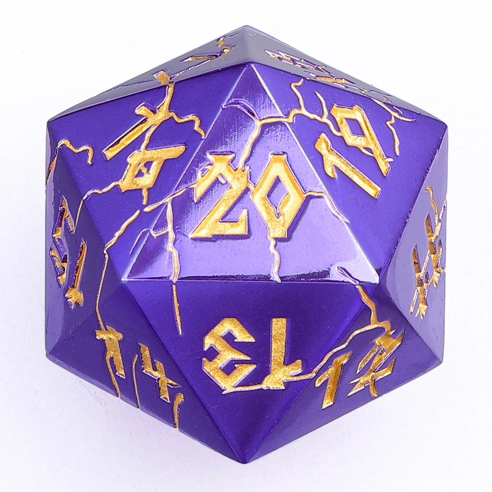 Barbarian Solid Metal D20 35mm Spin Down Dice - Purple with Gold Ink