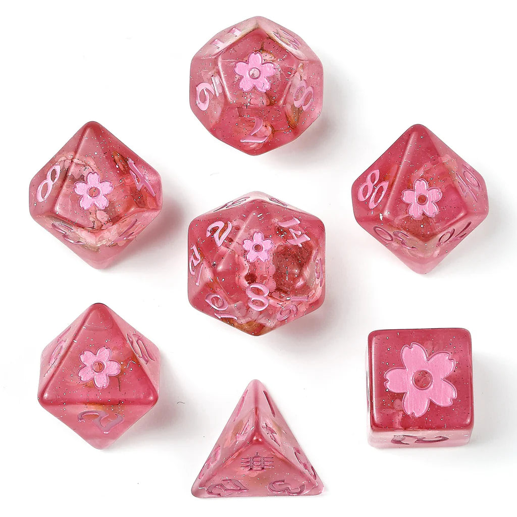 Wyrmforged Rollers: Pink Ink Sakura Blossom Rounded Edge 7 Piece Polyhedral Dice Set
