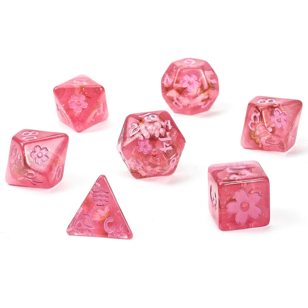 Wyrmforged Rollers: Pink Ink Sakura Blossom Rounded Edge 7 Piece Polyhedral Dice Set