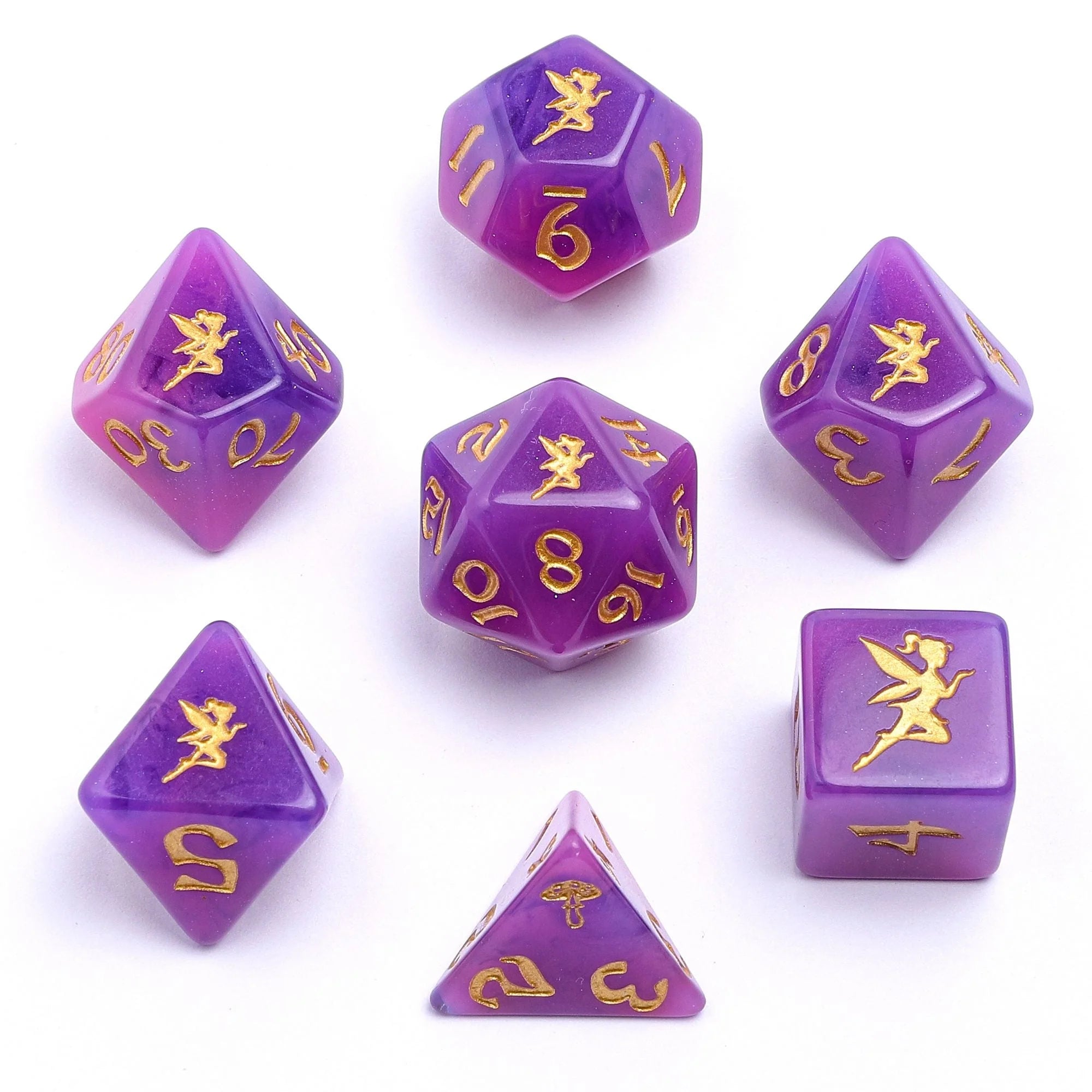 Wyrmforged Rollers: Pixie Dust Gold Rounded Edge 7 Piece Polyhedral Dice Set