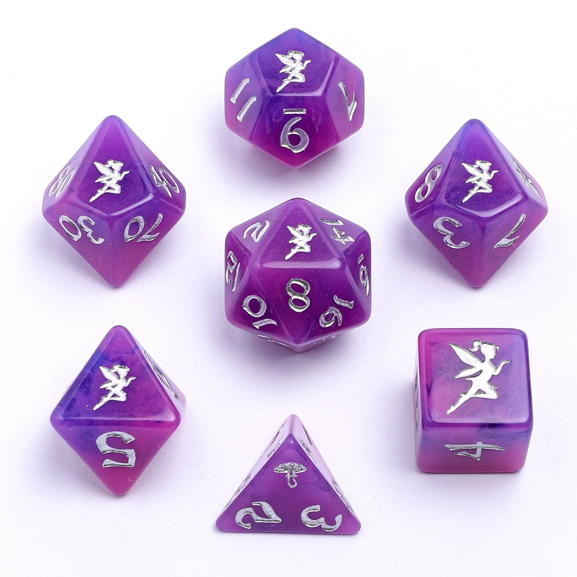 Wyrmforged Rollers: Pixie Dust Silver Rounded Edge 7 Piece Polyhedral Dice Set