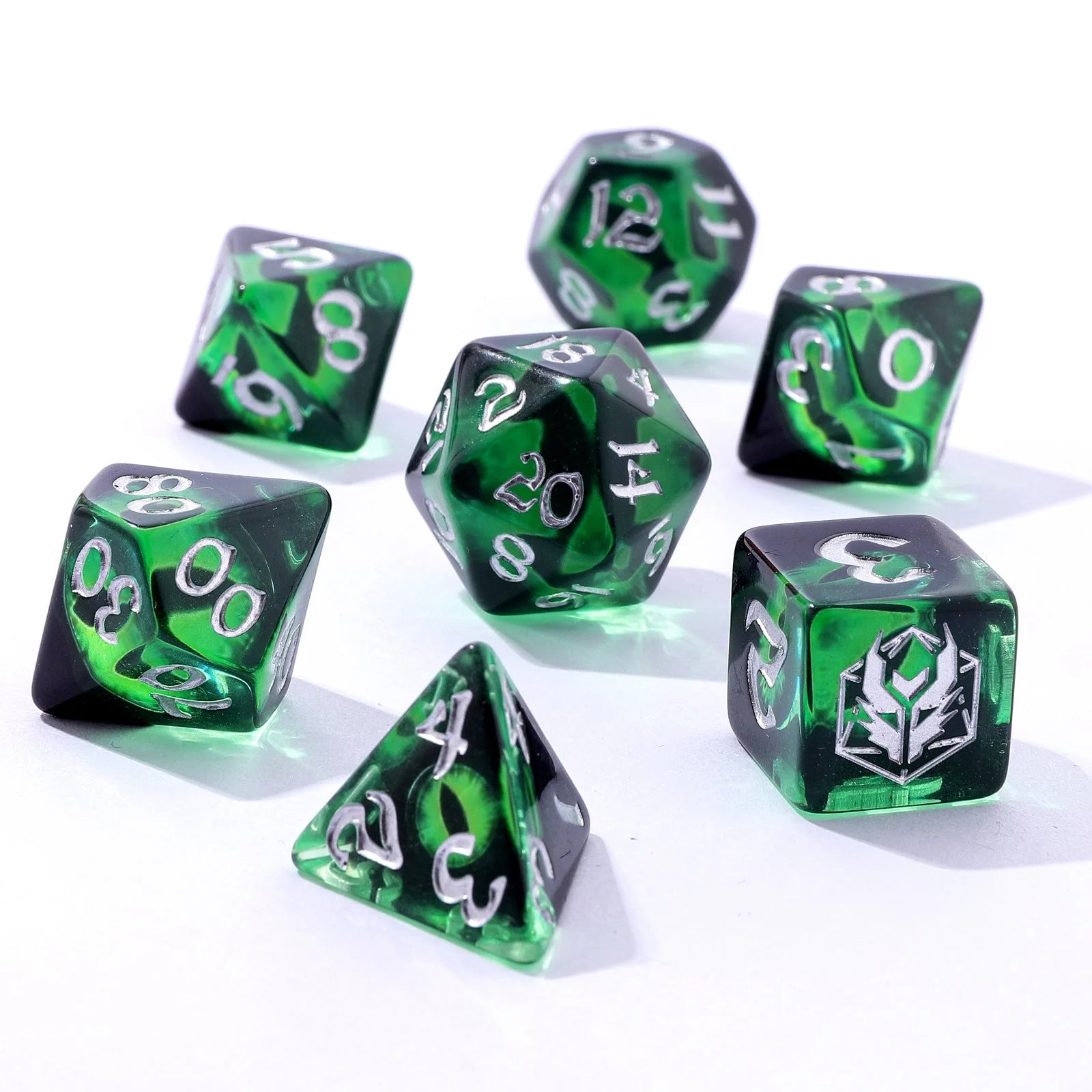 Wyrmforged Rollers: Dragon Eye Green Rounded Edge 7 Piece Polyhedral Dice Set