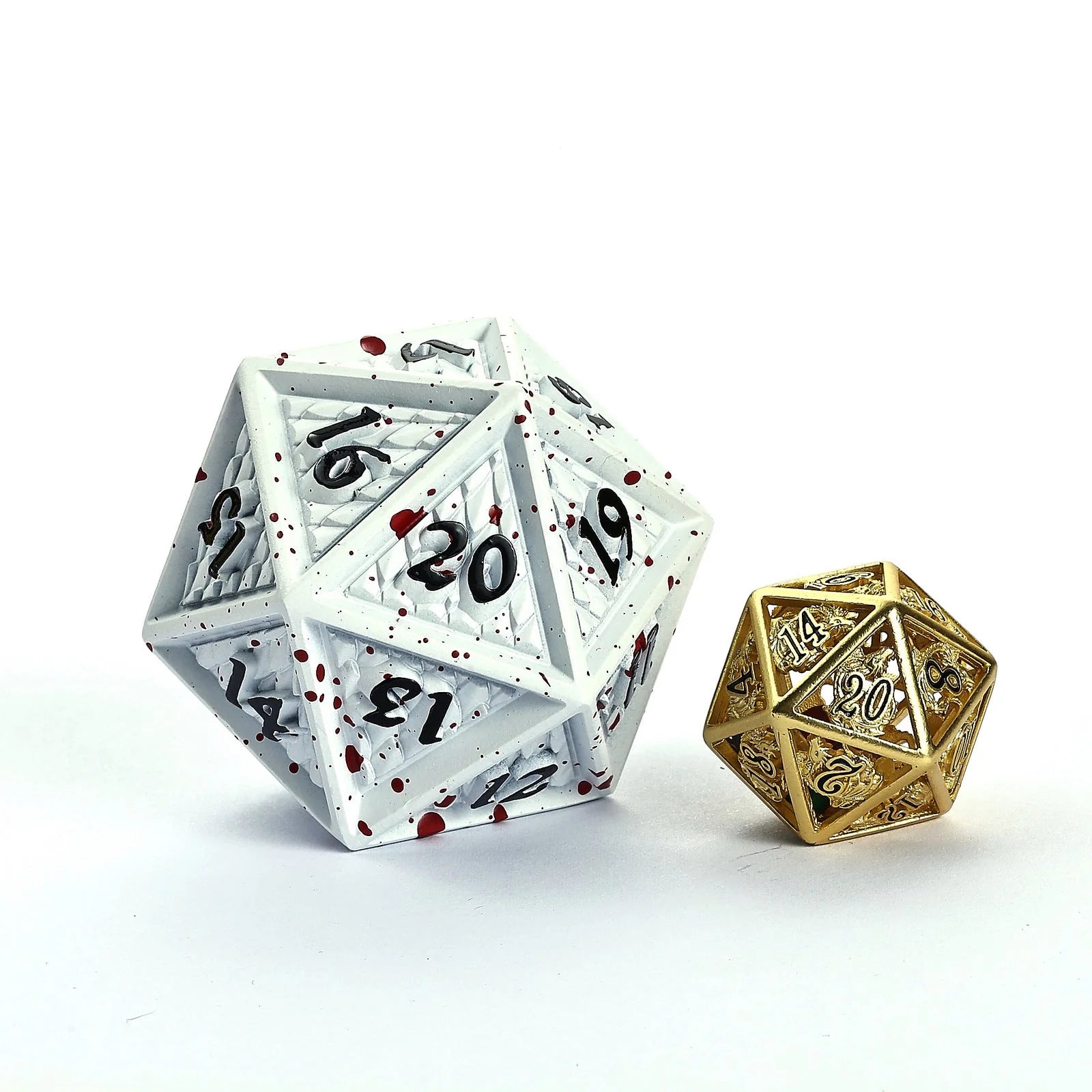 Behemoth Spin Down Metal D20 45mm Dice - Matte White with Blood Splatter