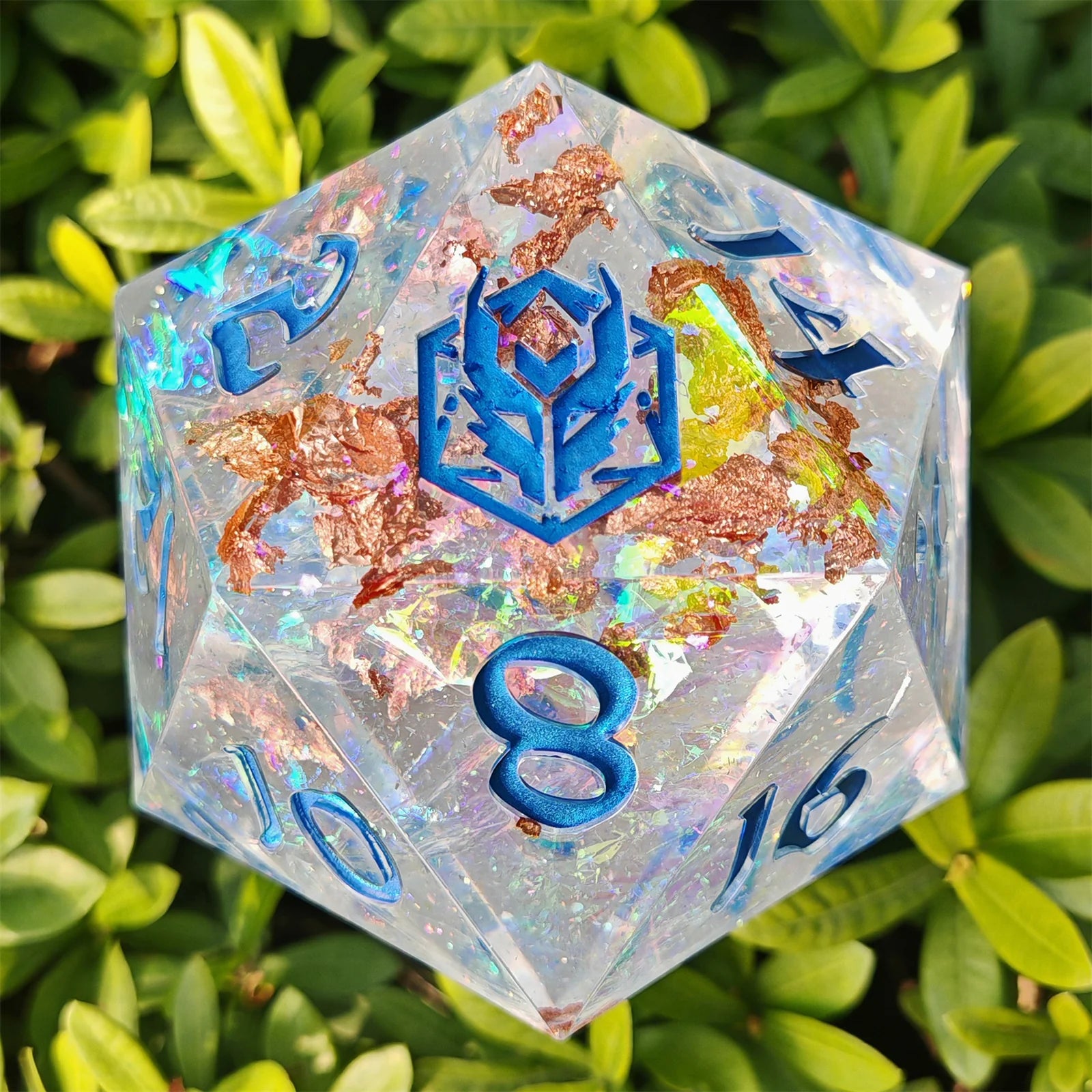 Captured Magic Chonk D20 100mm - Opal with Blue Ink