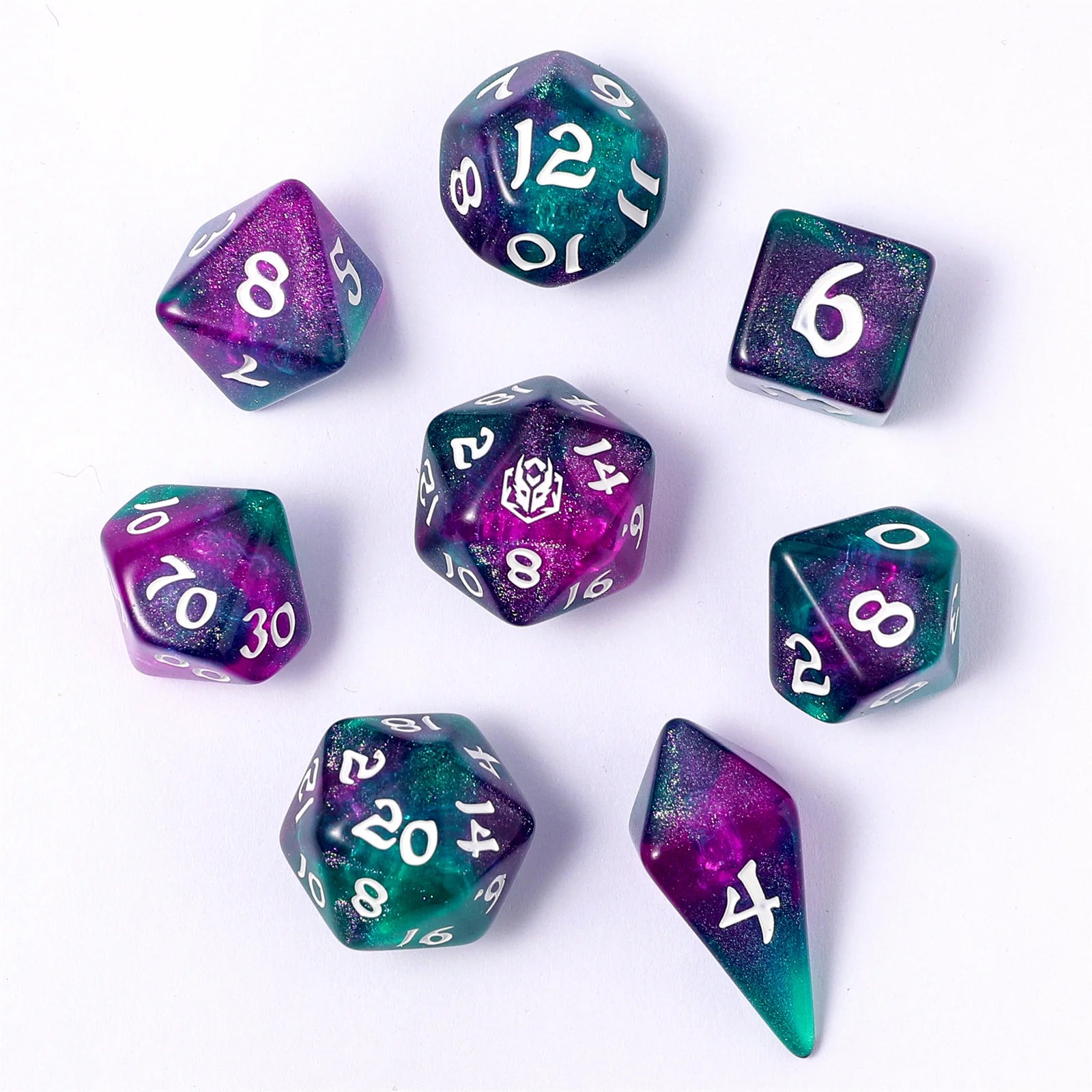 Wyrmforged Rollers: Jester's Cloak Rounded Edge 8 Piece Polyhedral Dice Set