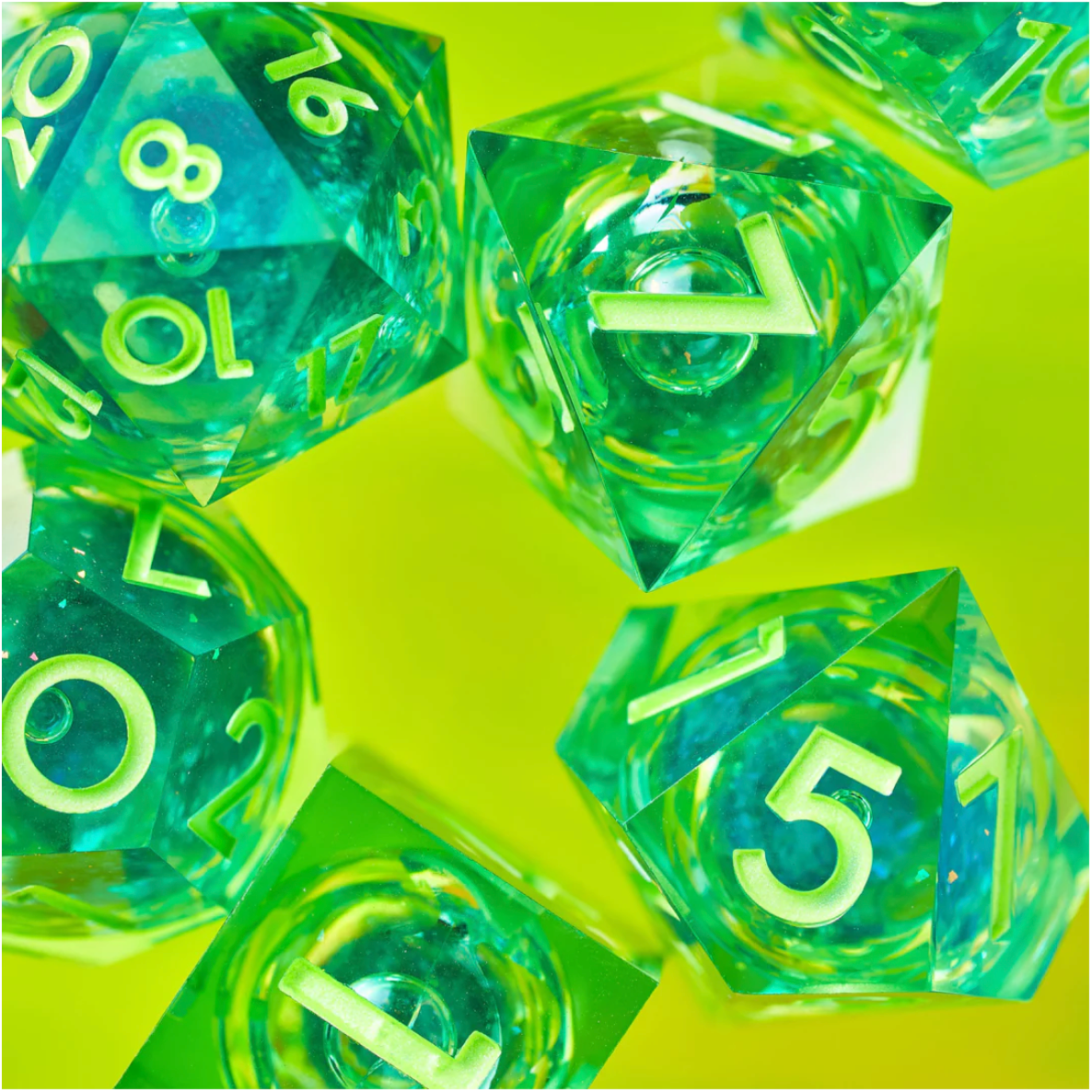 Green Gamer Juice 7-Piece Liquid Core Dice Set