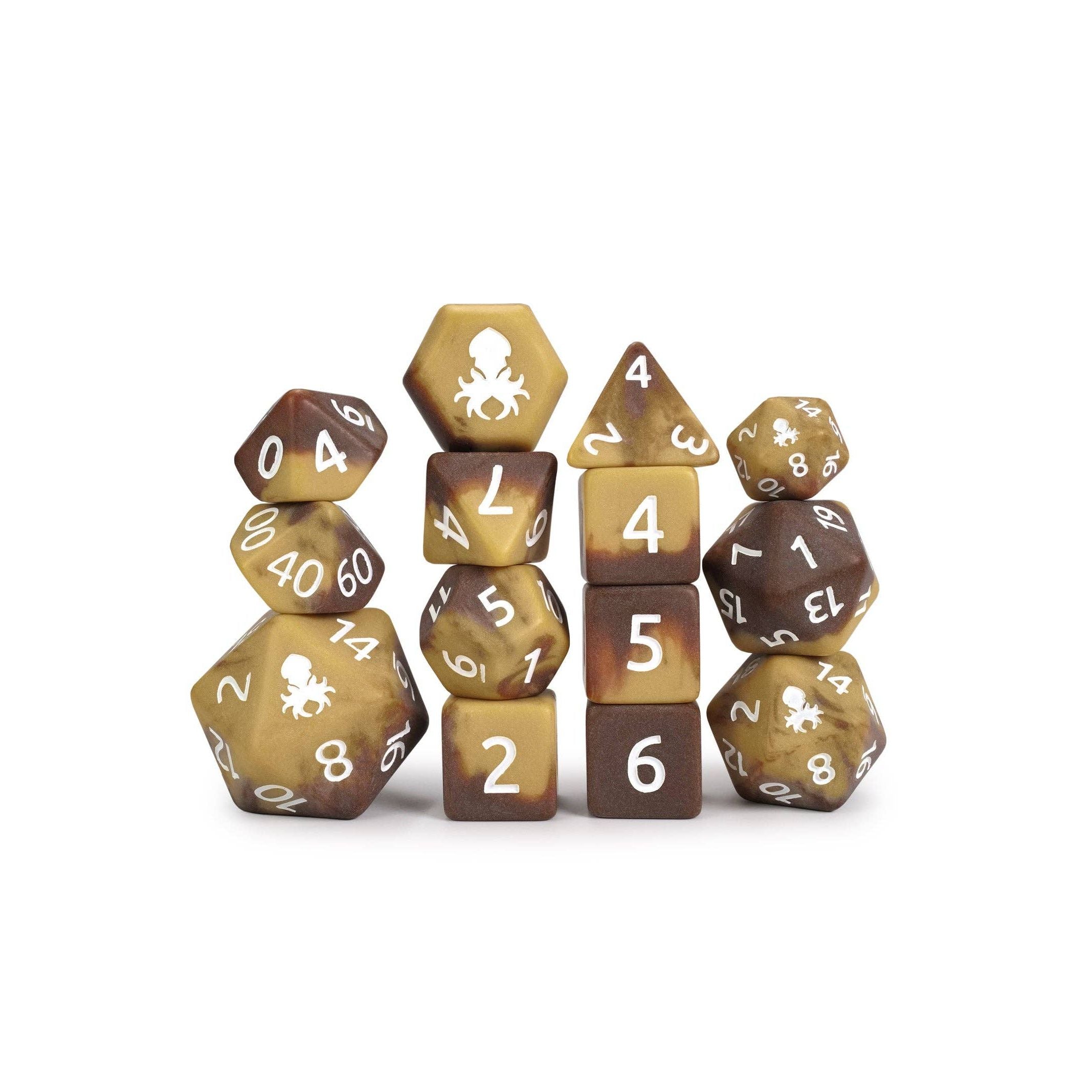 Mocha Drizzle Matte 14pc Dice Set inked in White