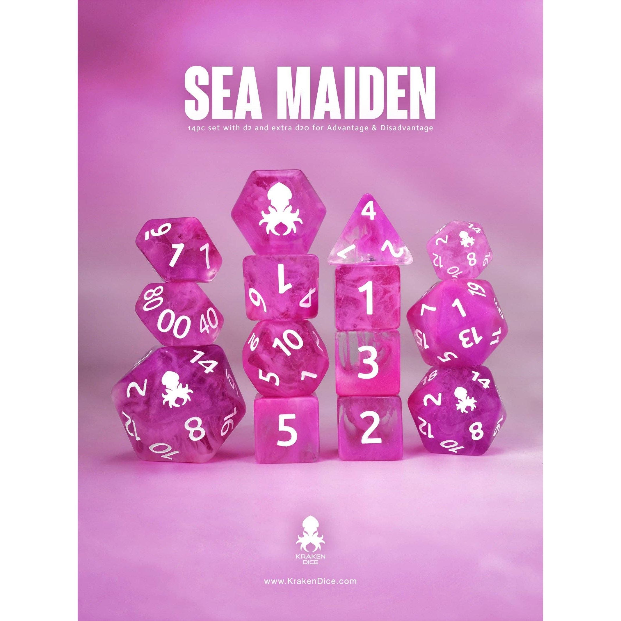 Sea Maiden 14pc Dice Set inked in White