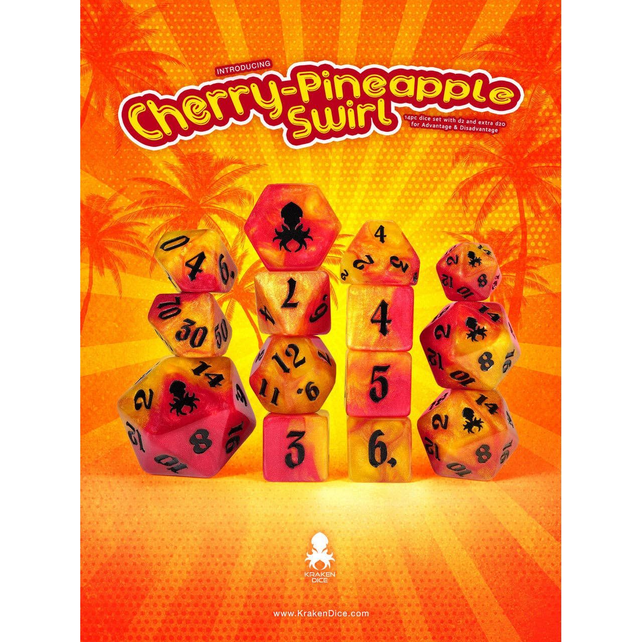 Cherry Pineapple Swirl 14pc Dice Set inked in Black
