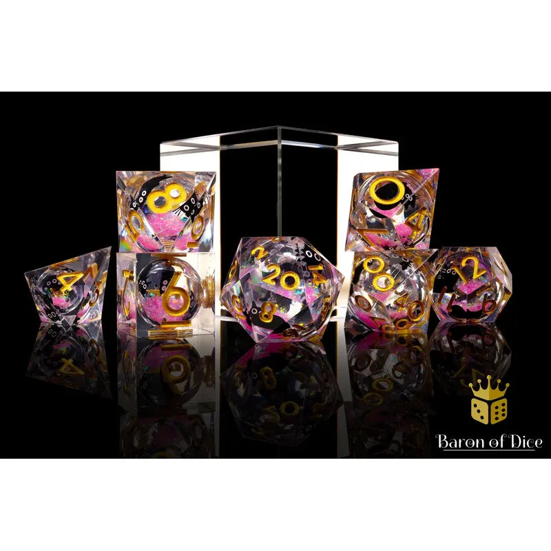 Baron of Dice: Amethyst Neko - Liquid Core 7 Piece Polyhedral RPG Dice Set